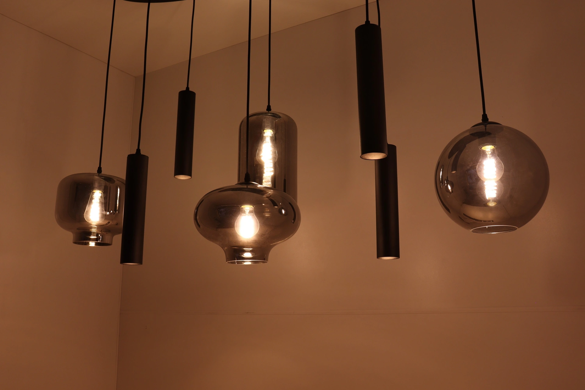 Hanglamp ovaal combi Smoke & Kokers gu10  - getint glas - 8lichts 140cm    50246