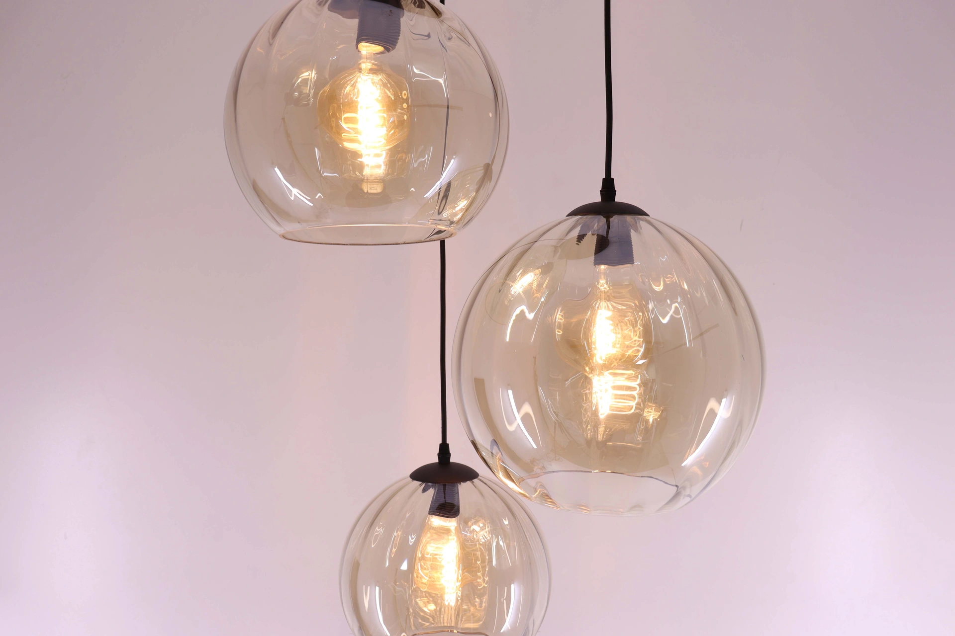 Hanglamp amber glas - 3lichts geribbeld - rond 50270
