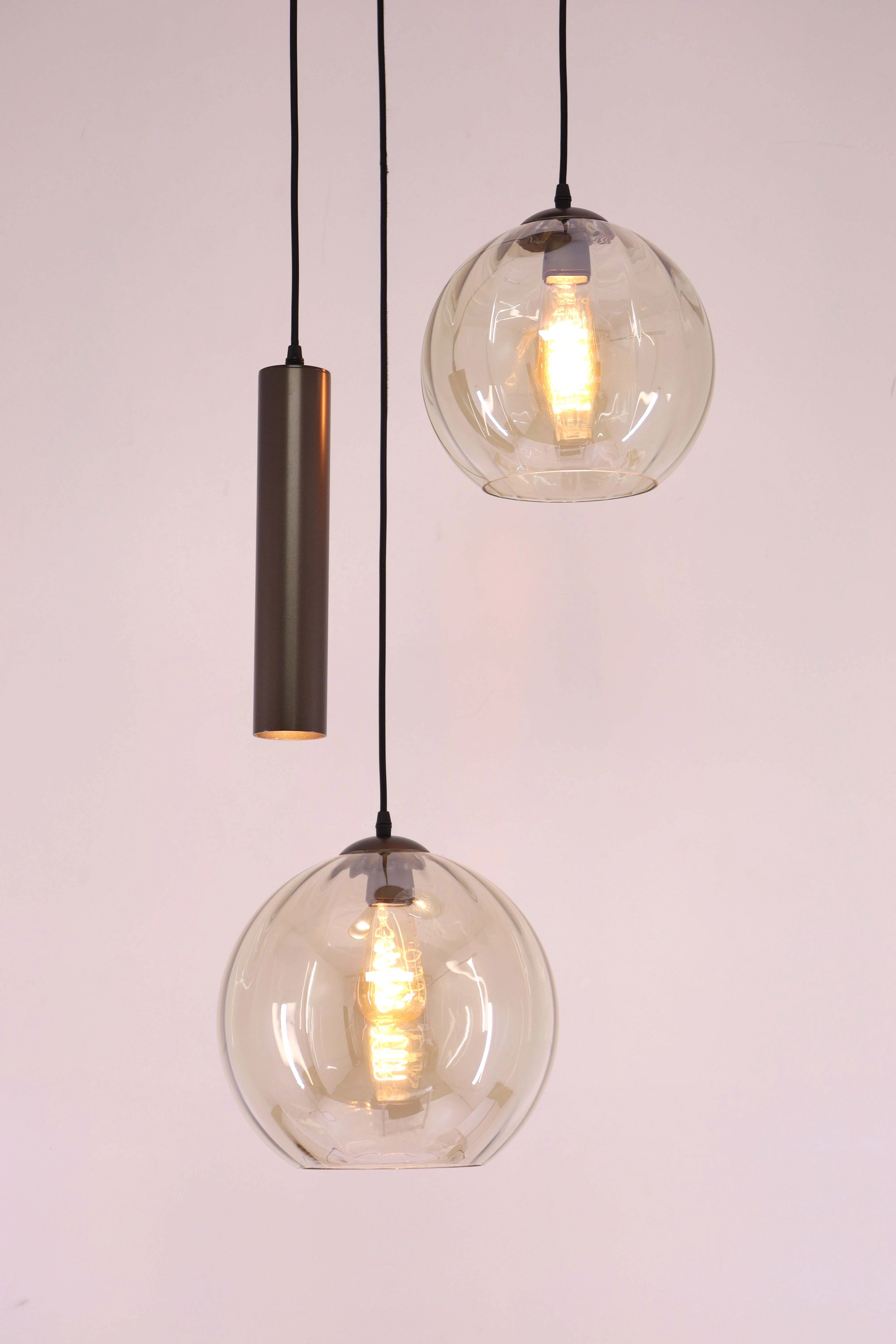 Hanglamp Cacao Bruin 3-lichts – Amber Geribbeld Glas met Hangkoker – Diameter 48 cm 50298
