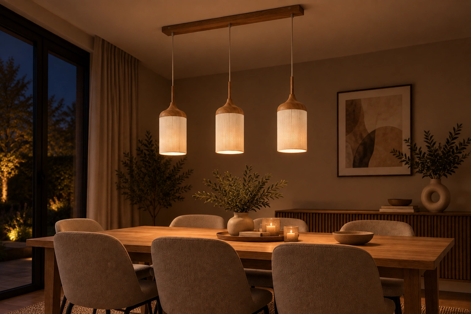 Hanglamp 3-lichts Houtlook - zand/beige Touwkappen - Lengte 90cm 46807