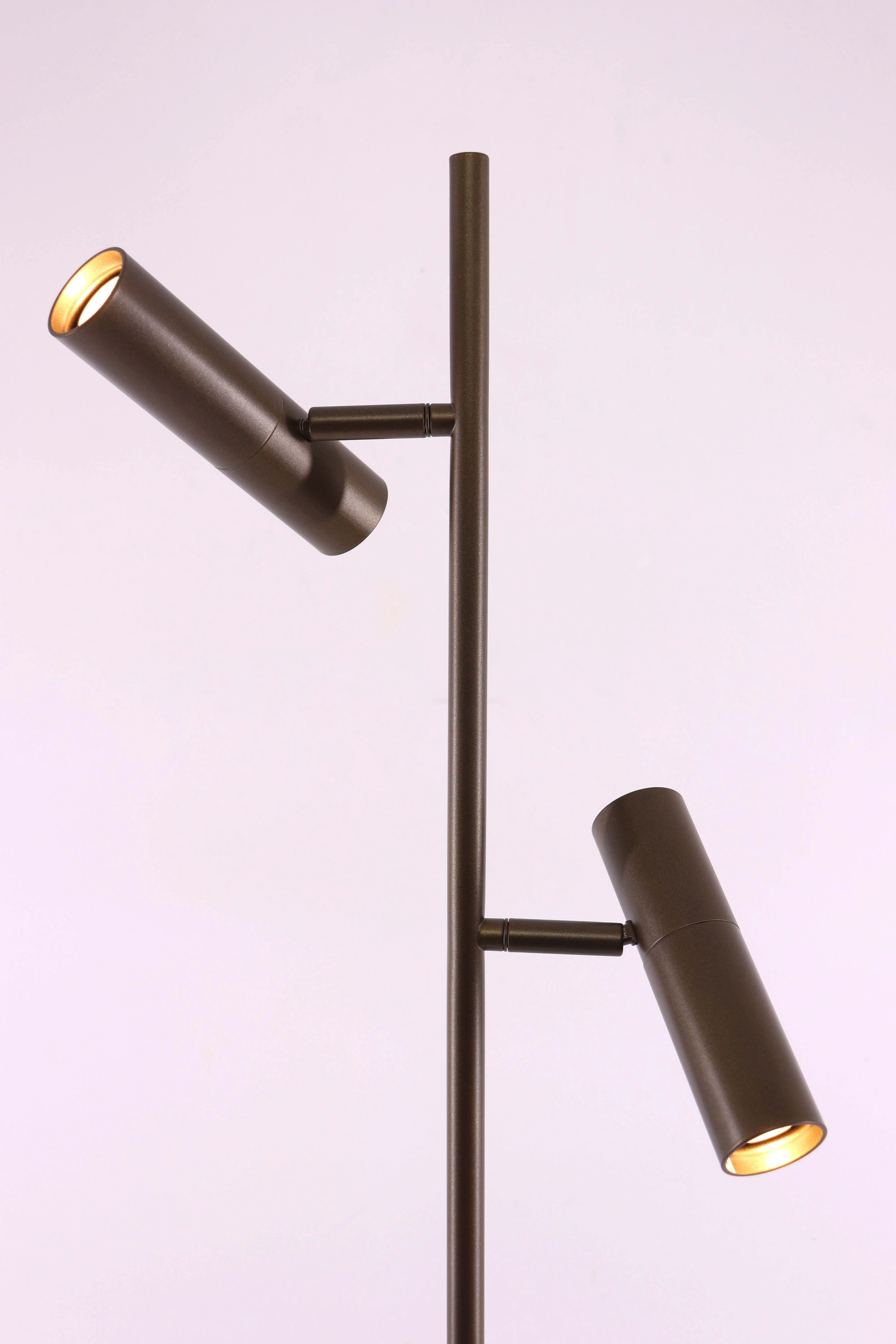Minimalistische bronskleurige vloerlamp met twee verstelbare spots 46615