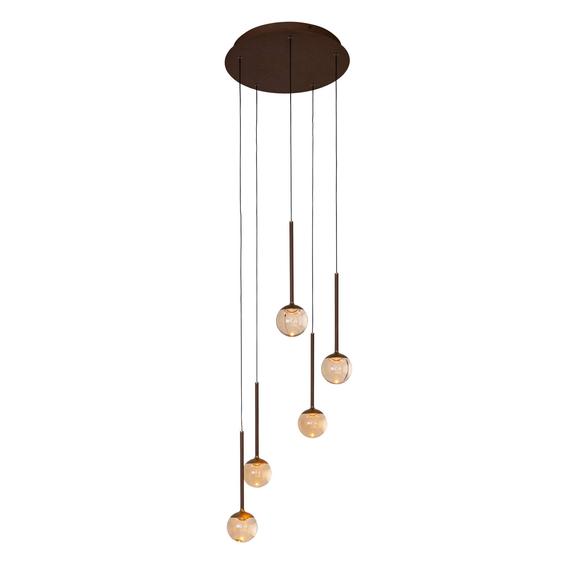 Dimbare LED hanglamp koffiekleur met 5 amberkleurige glazen bollen – Ø 41,9 cm 46814