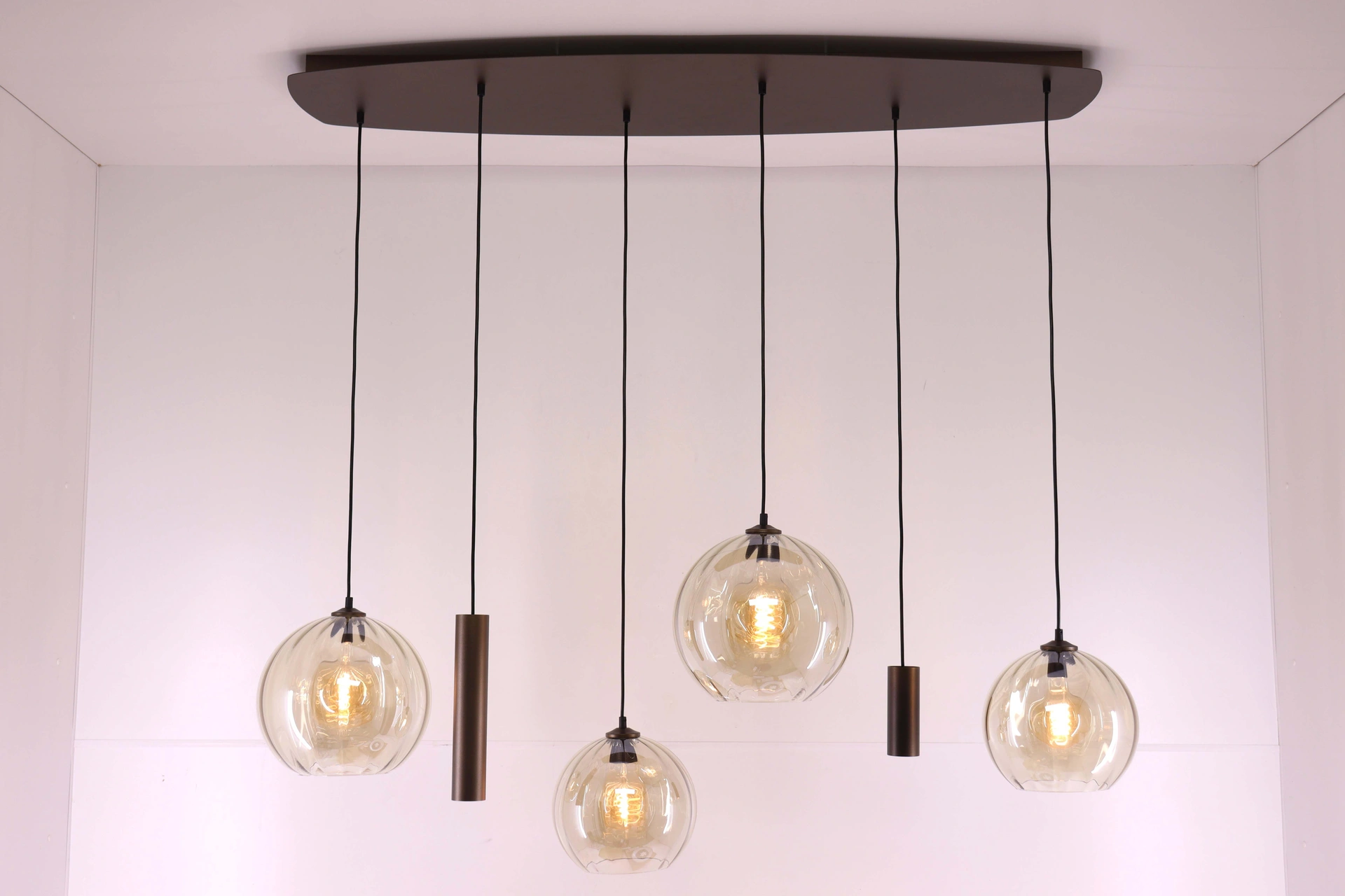 Hanglamp deens ovaal - cacao 6 lichts met geribbeld amber glas 50281