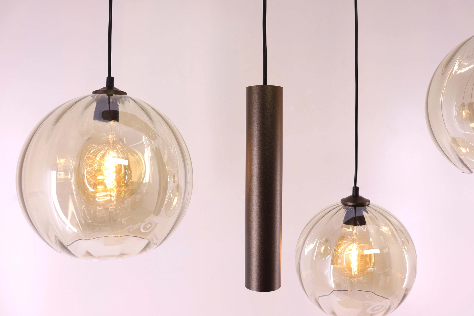 Hanglamp deens ovaal - cacao 6 lichts met geribbeld amber glas 50281