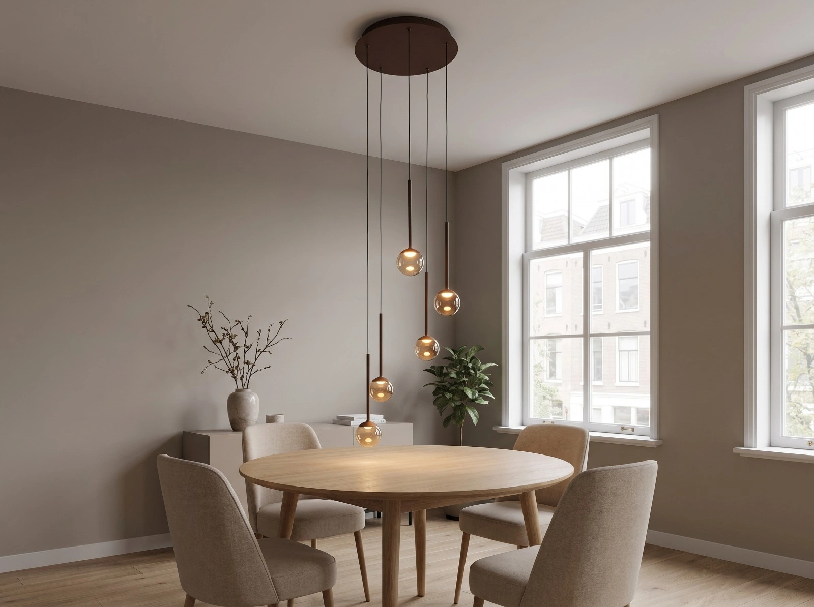 Dimbare LED hanglamp koffiekleur met 5 amberkleurige glazen bollen – Ø 41,9 cm 46814