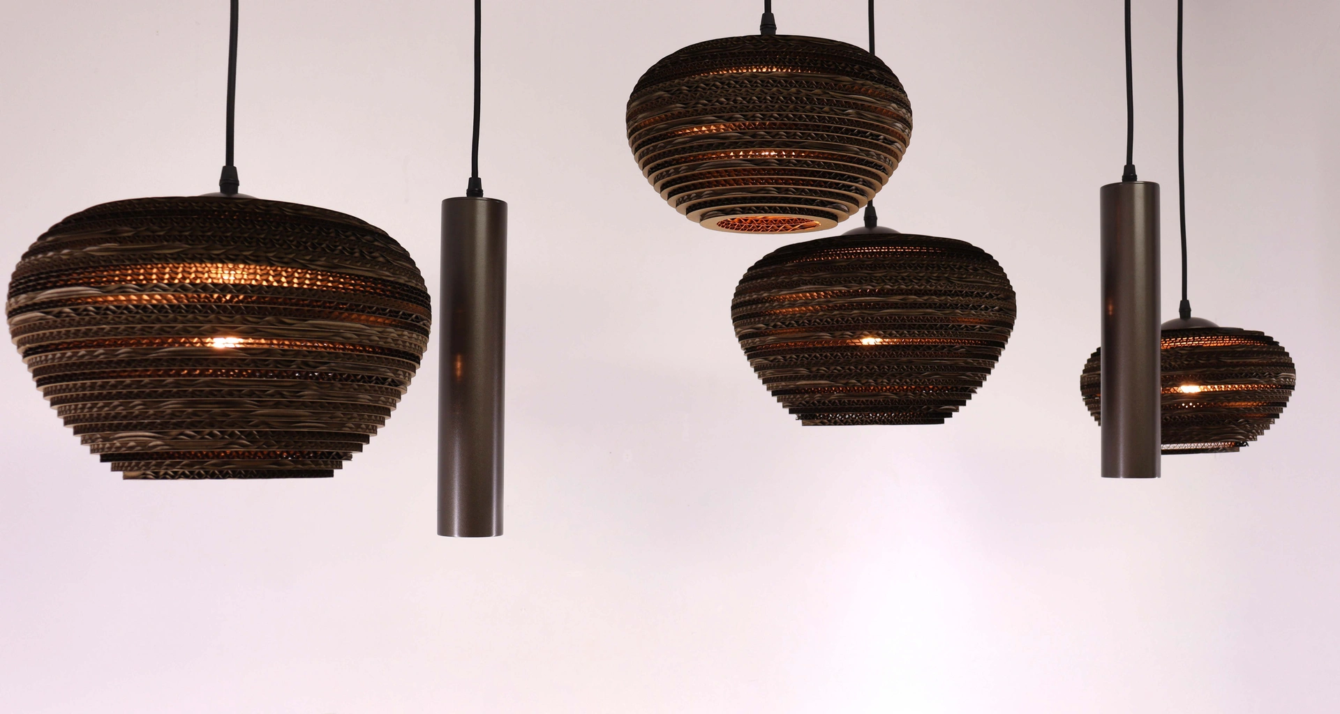 Hanglamp cacao rechthoekig – 6 lichts met kartonnen kappen – 135 cm 50291