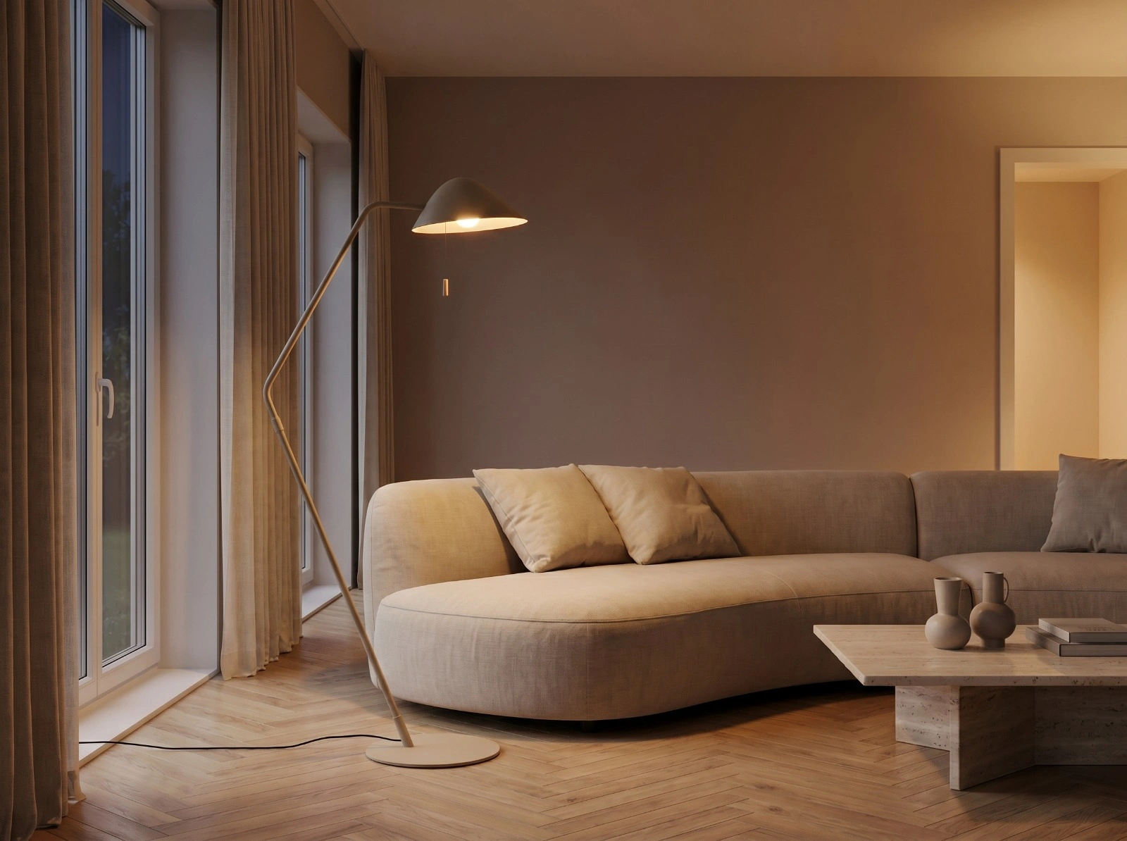 Vloerlamp zandkleur - Trekschakelaar hoogte 140cm 46182
