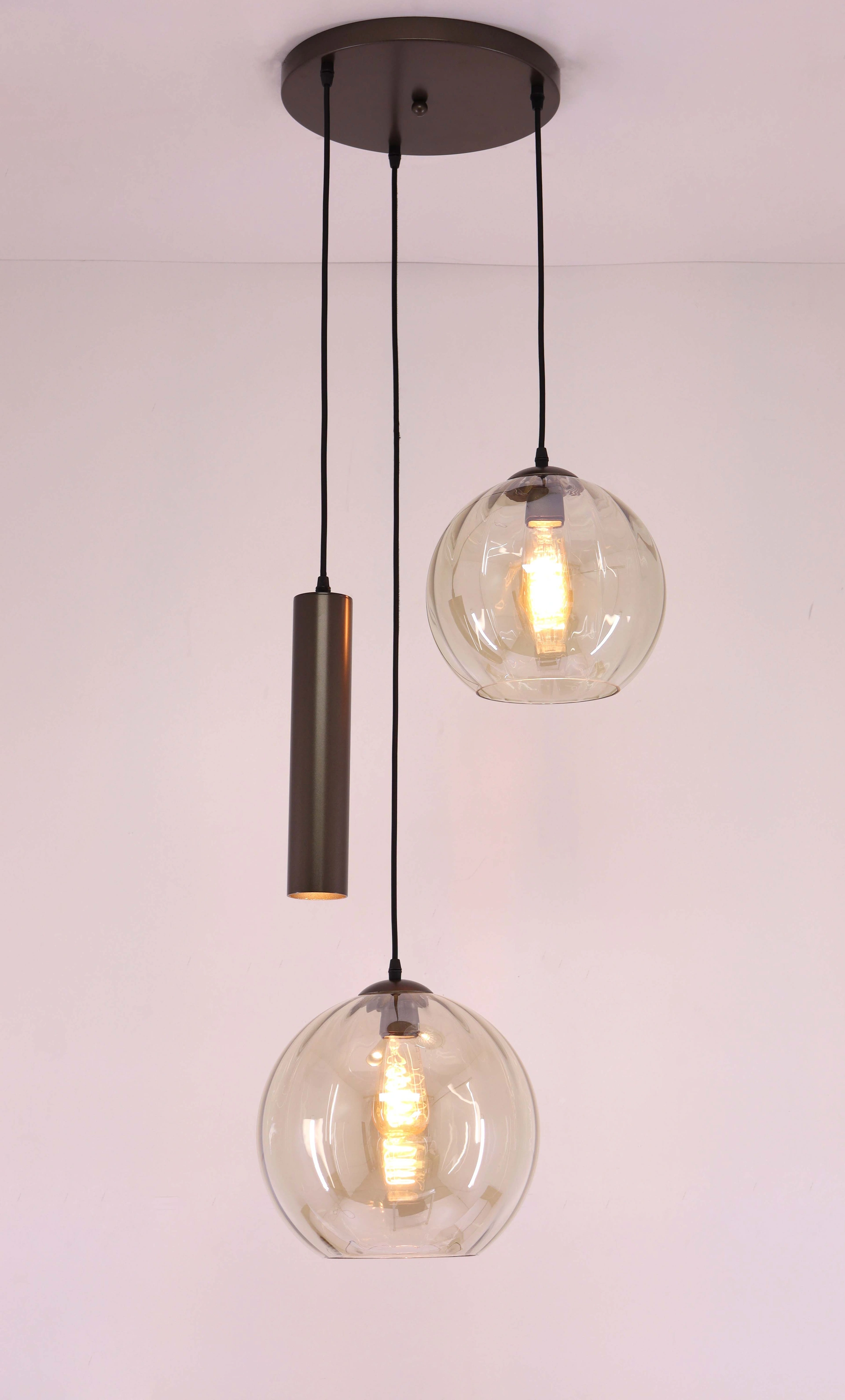 Hanglamp Cacao Bruin 3-lichts – Amber Geribbeld Glas met Hangkoker – Diameter 48 cm 50298