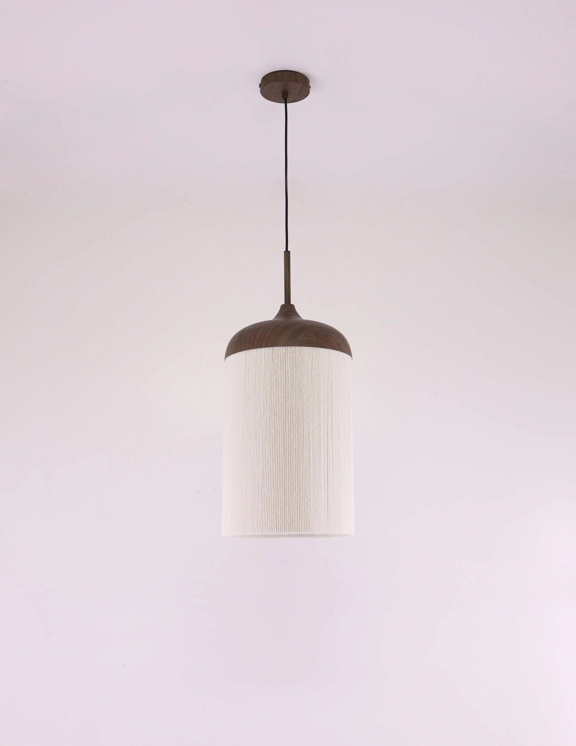 Hanglamp 1 lichts- Metalen donkerhout look creme touwkap - Diameter 27cm 46806