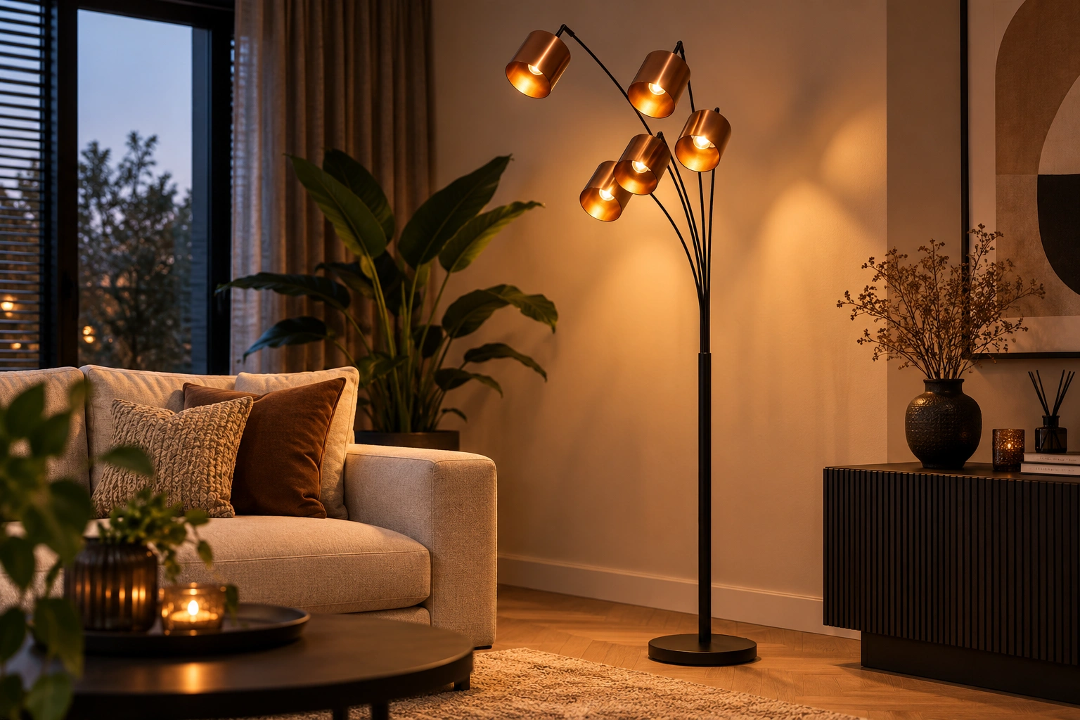 Vloerlamp 5 kapjes koperkleur moderne booglamp 45542