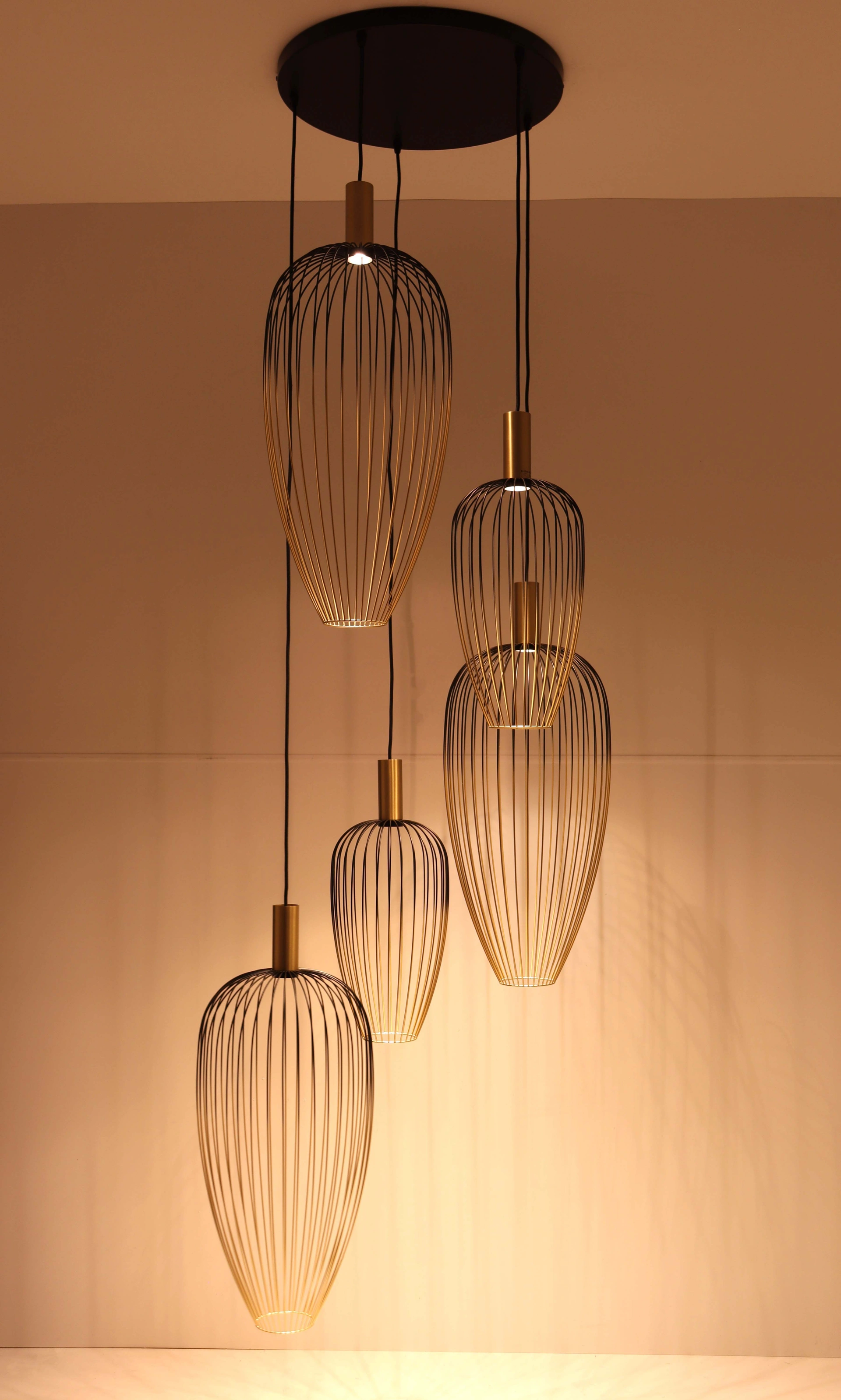 Videlamp goud/zwart - 5lichts wire - Hoogte 350cm 46479