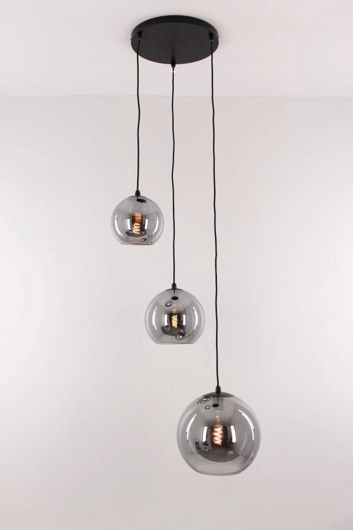 Hanglamp 3lichts rond - smoke rookglas bollen 20 25 30 cm 50192