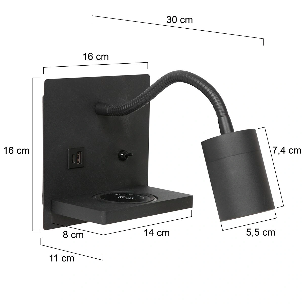 Wandlamp zwart | Draadloze oplader, USB-A & USB-C | Dim-to-warm 44979
