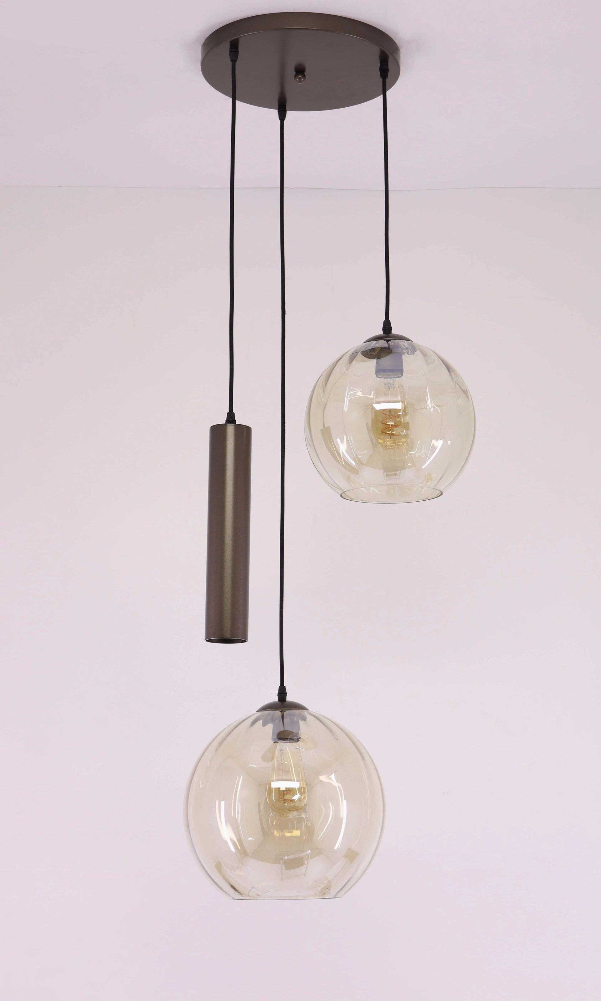 Hanglamp Cacao Bruin 3-lichts – Amber Geribbeld Glas met Hangkoker – Diameter 48 cm 50298