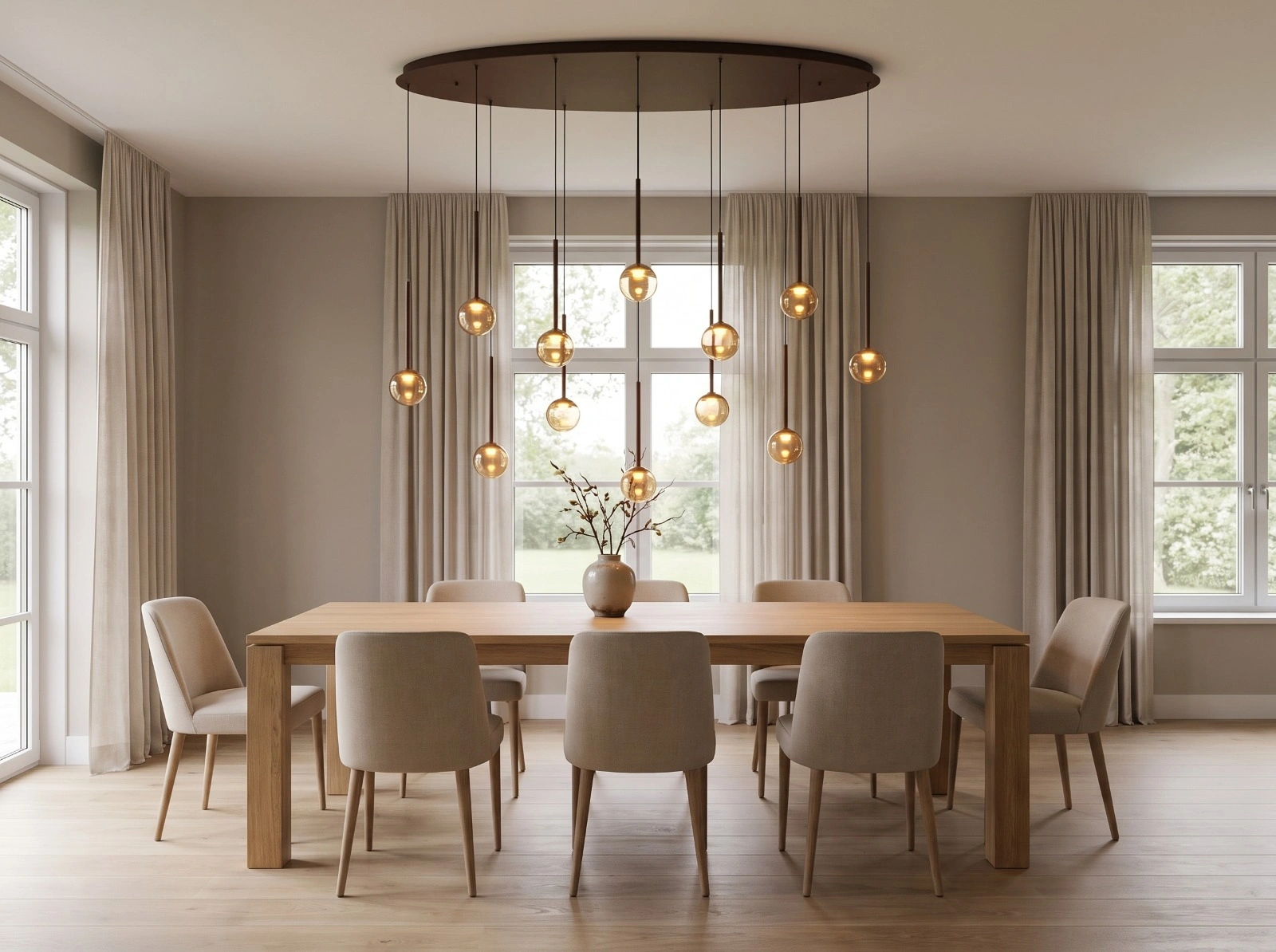 Dimbare LED ovale hanglamp koffiekleur met 12 amberkleurige glazen bollen – 143 cm 46360