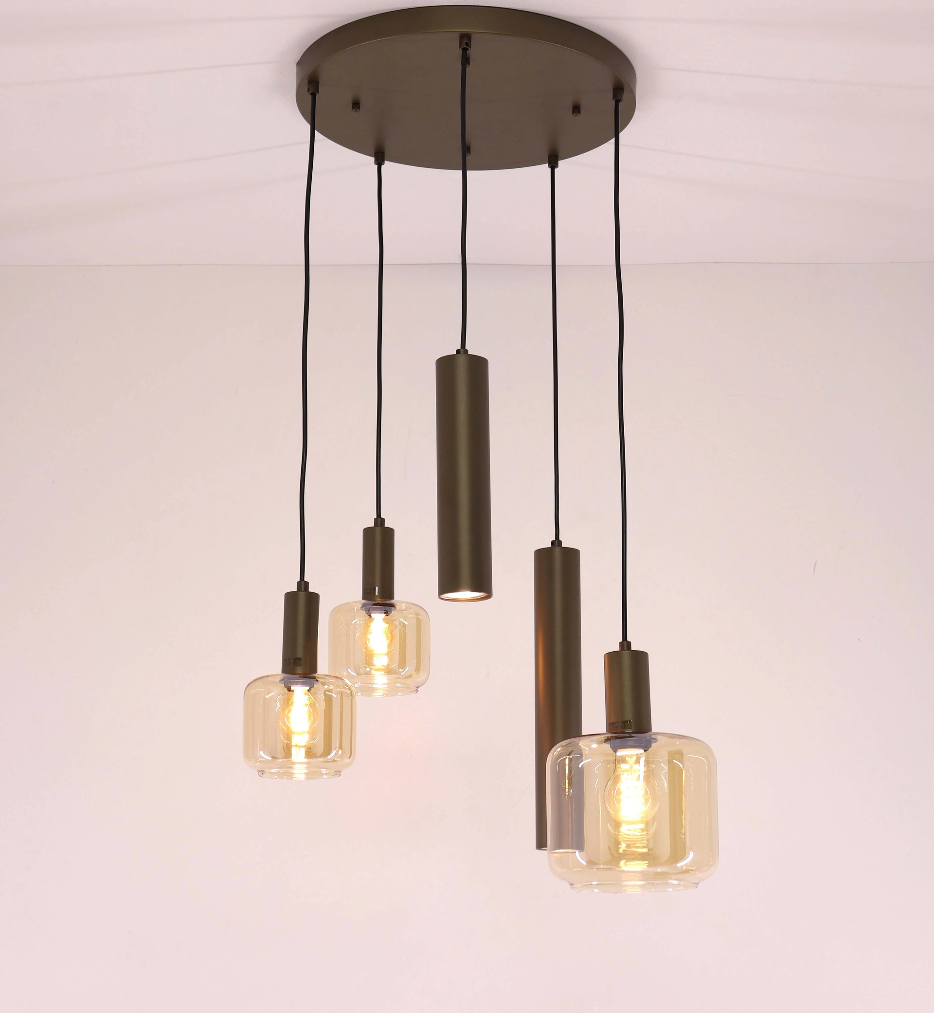 Moderne hanglamp cacao bruin 5-lichts met amber glas en hangkokers – Diameter 40 cm