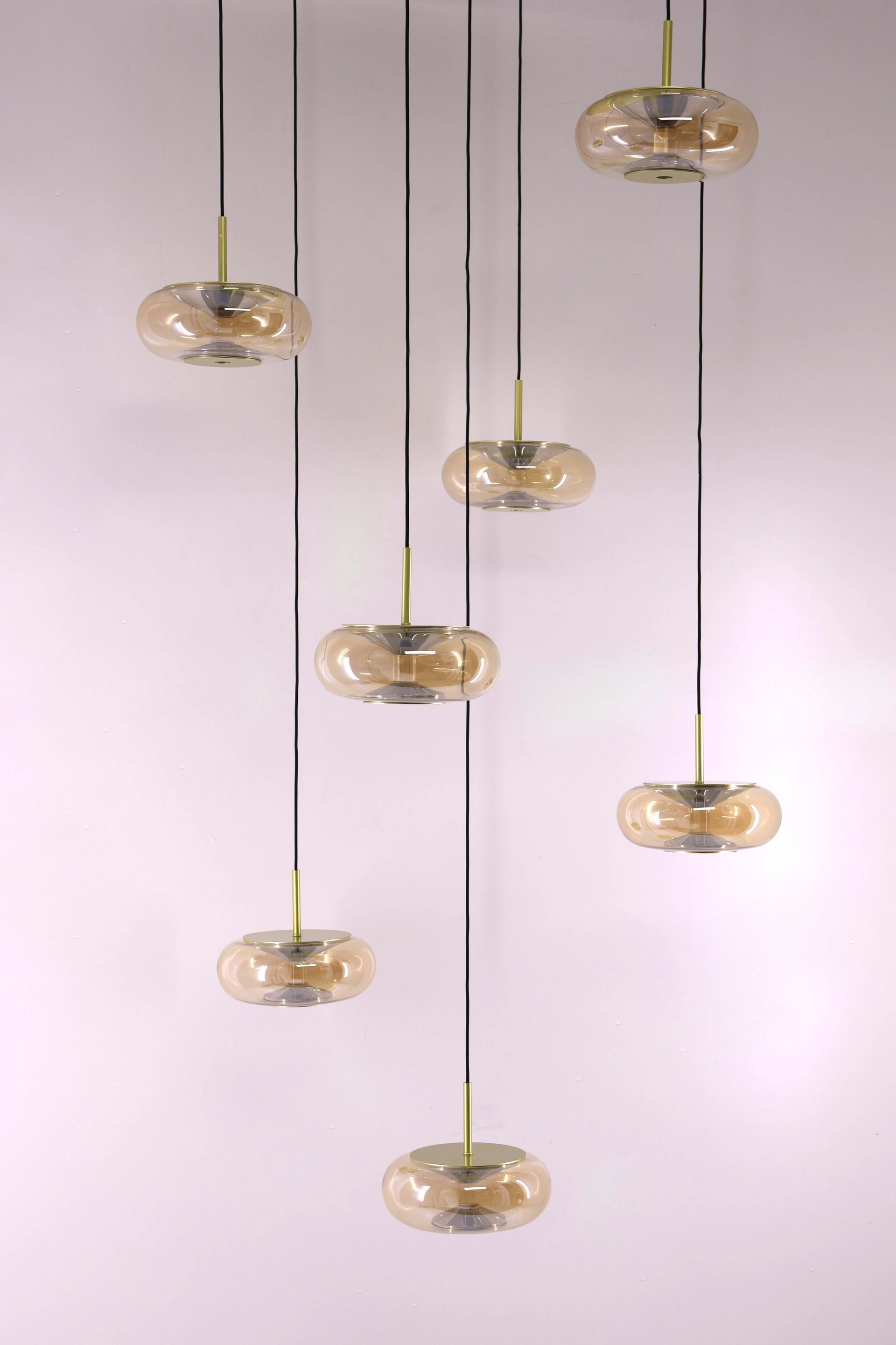 Videlamp goud rond 90 cm 7 amber glazen 350 cm 53007