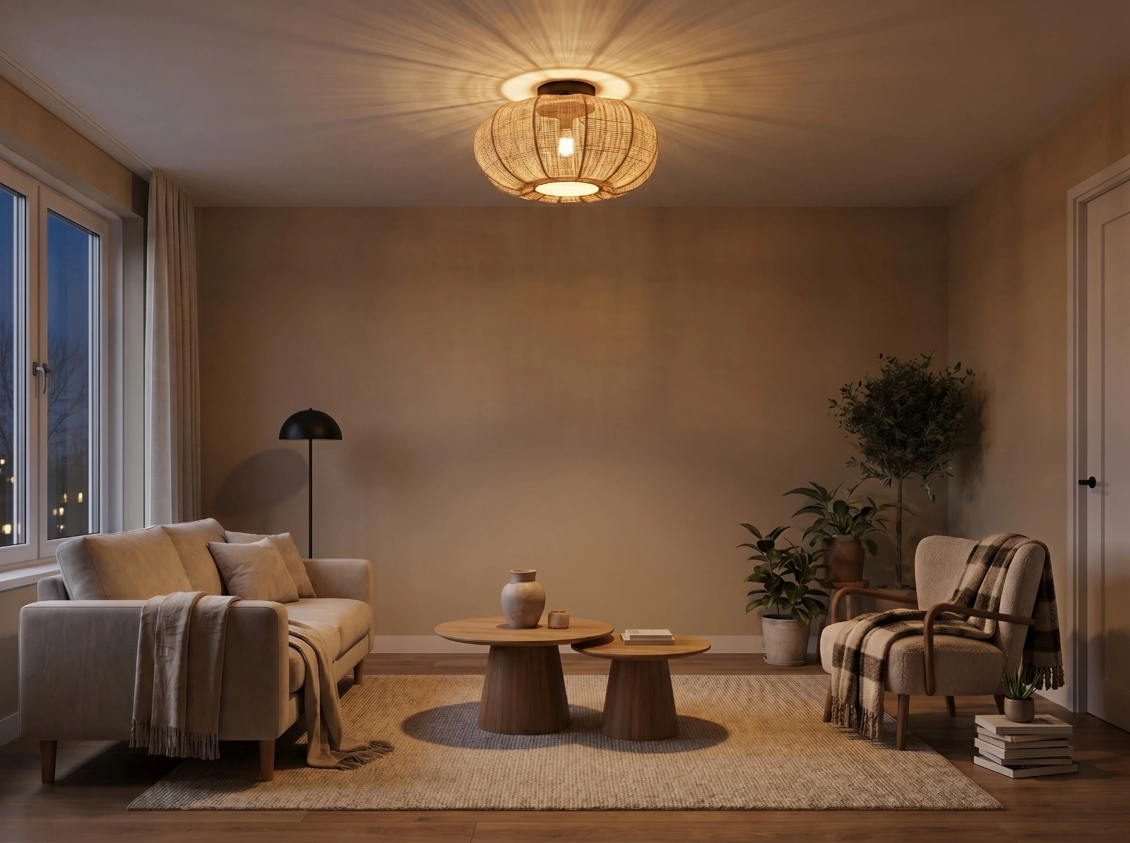 Plafondlamp Rotan Raffia Zandkleur 40cm  – Natuurlijke & Sfeervolle Verlichting 46093