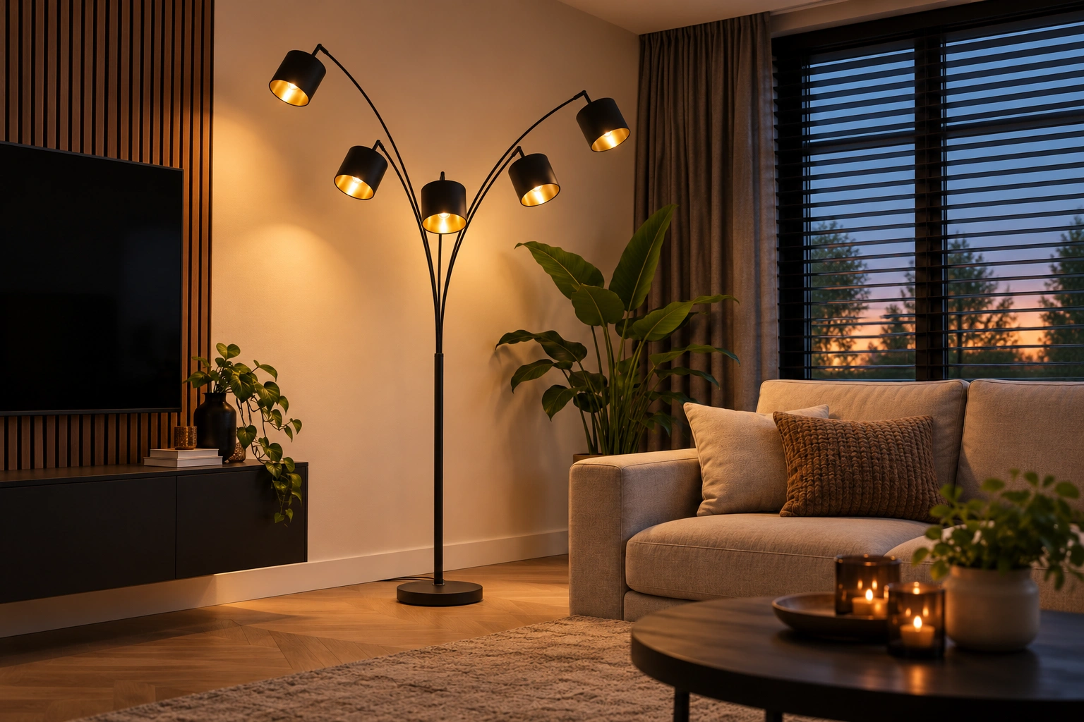 Vloerlamp boog 5-lichts zwarte kapjes 41153