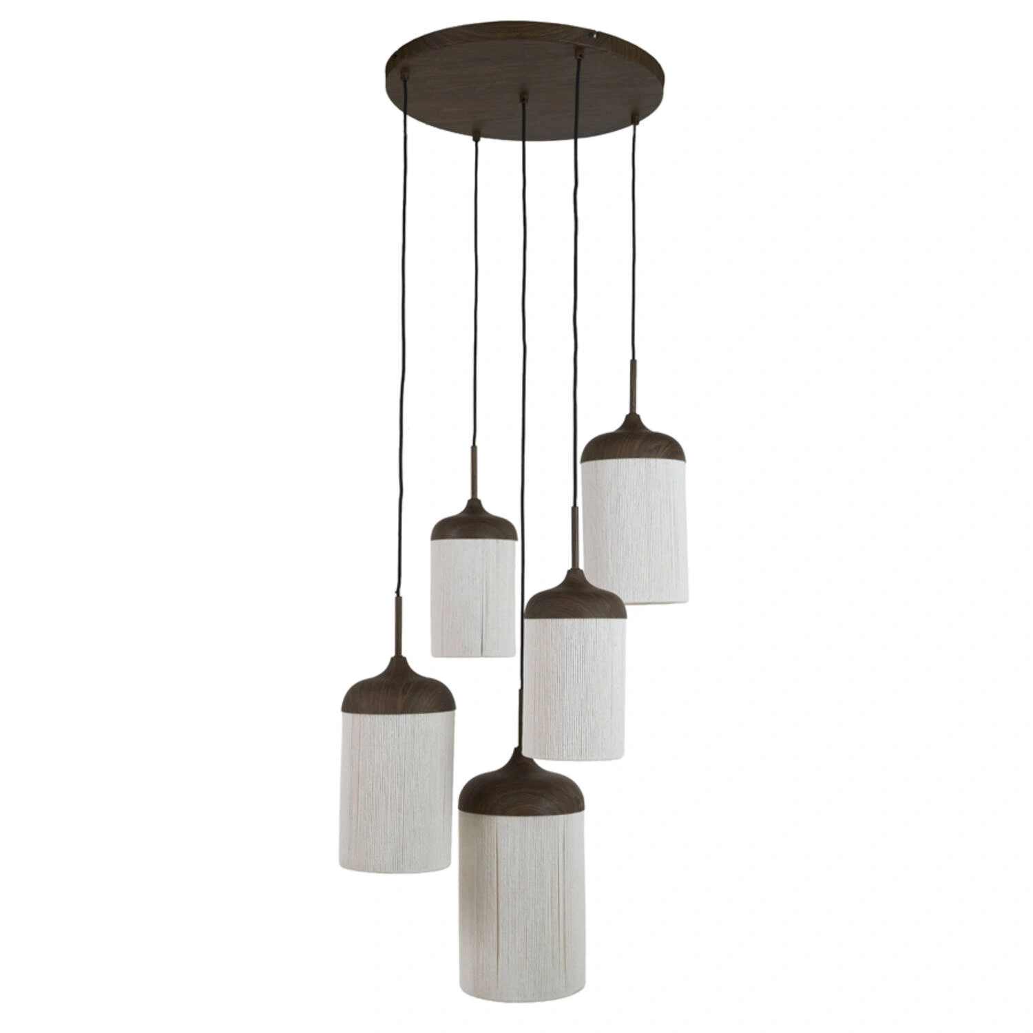 5-lichts Hanglamp Rovena - donkerbruine houtlook met crème touw – Ø50 cm SW10552