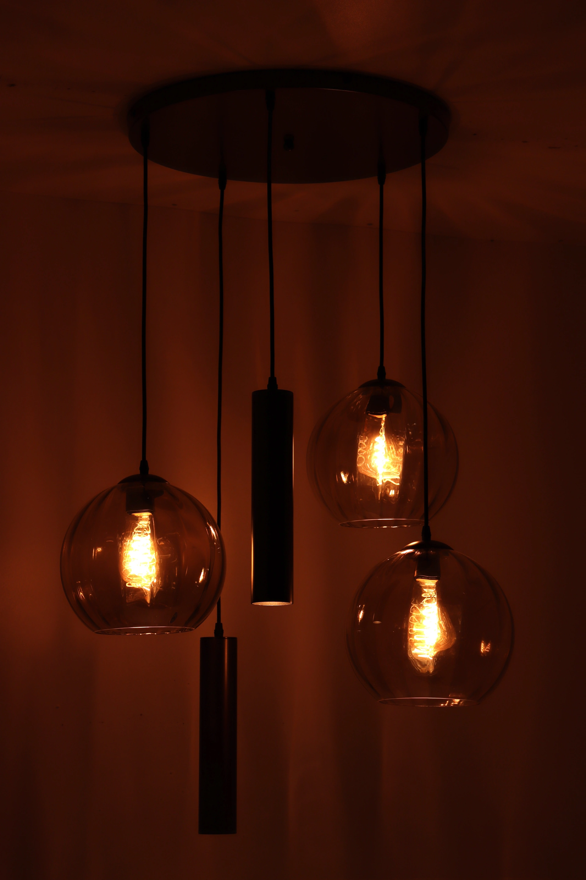 Hanglamp Cacao Bruin 5-lichts – Amber Geribbeld Glas met Hangkoker – Diameter 70 cm 50300