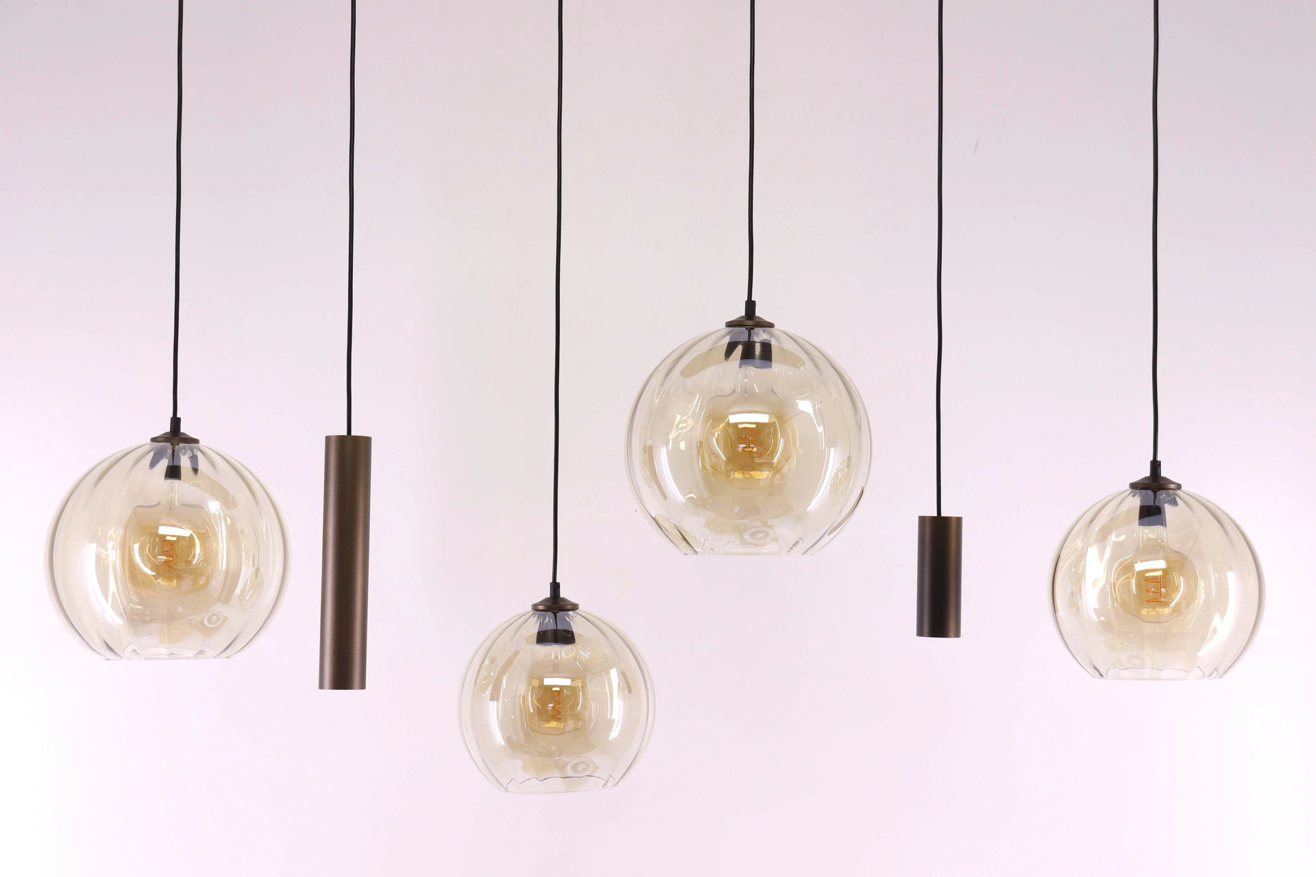 Hanglamp deens ovaal - cacao 6 lichts met geribbeld amber glas 50281