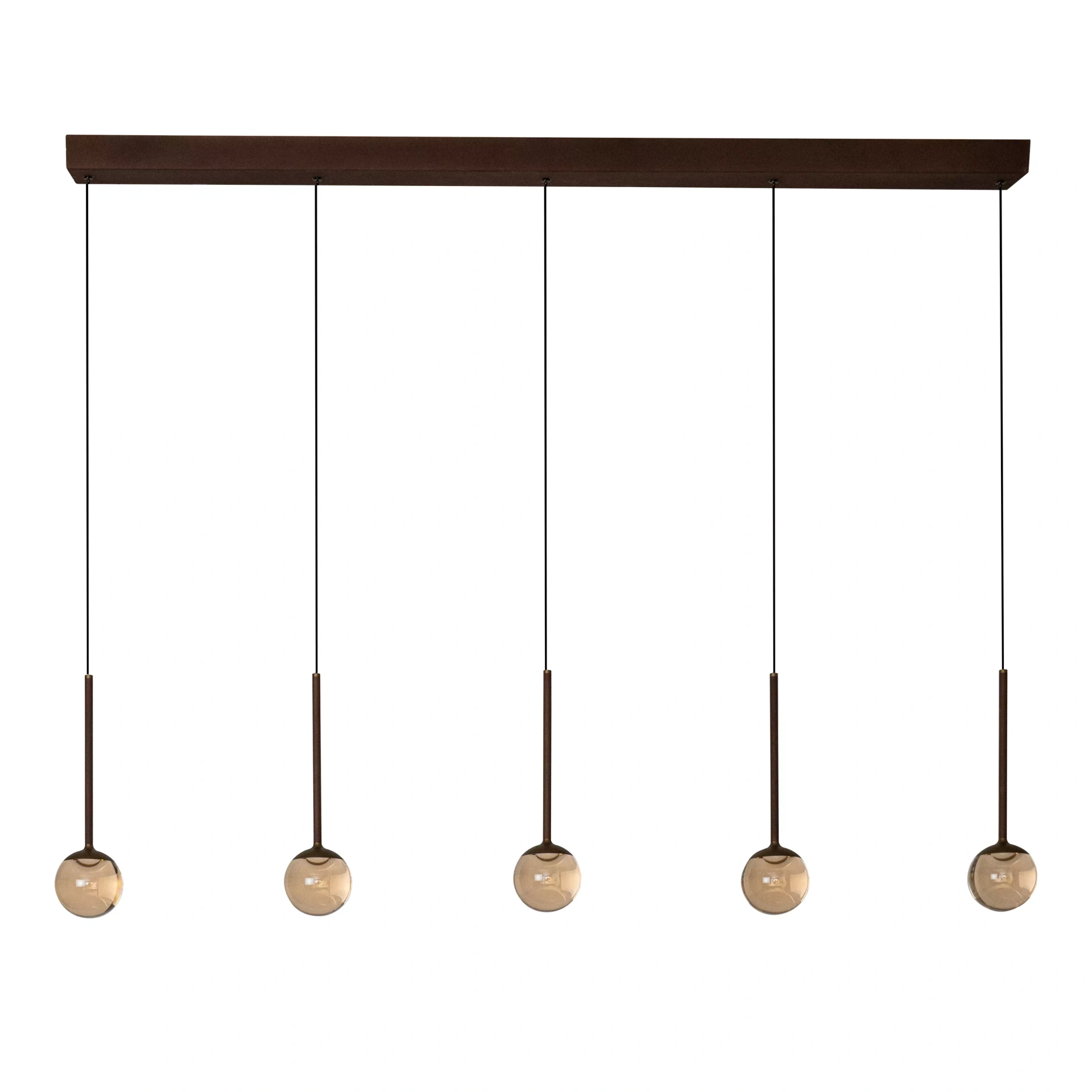 Dimbare LED hanglamp koffiekleur met 5 amberkleurige glazen bollen – 142 cm 46813