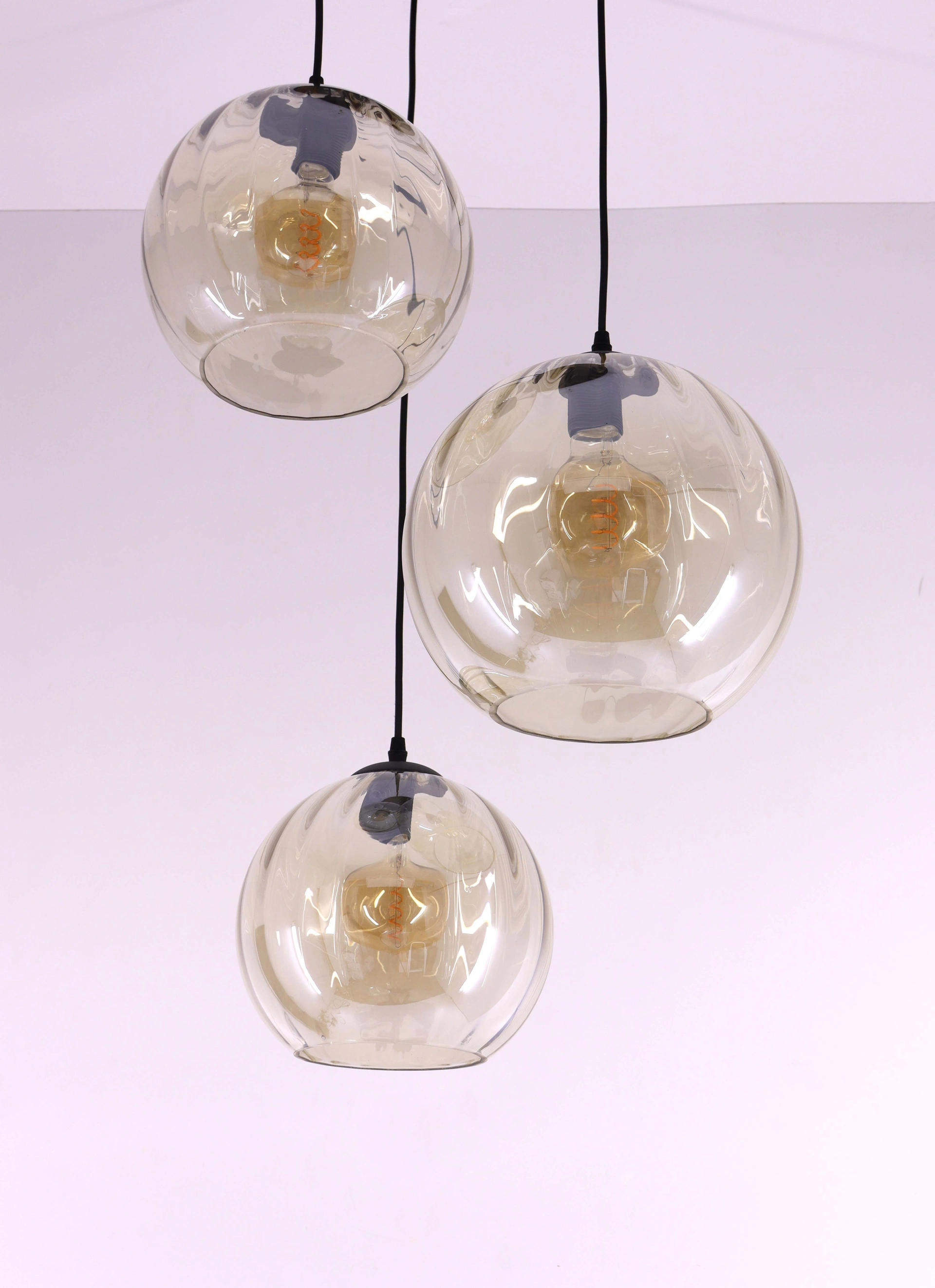 Hanglamp amber glas - 3lichts geribbeld - rond 50270