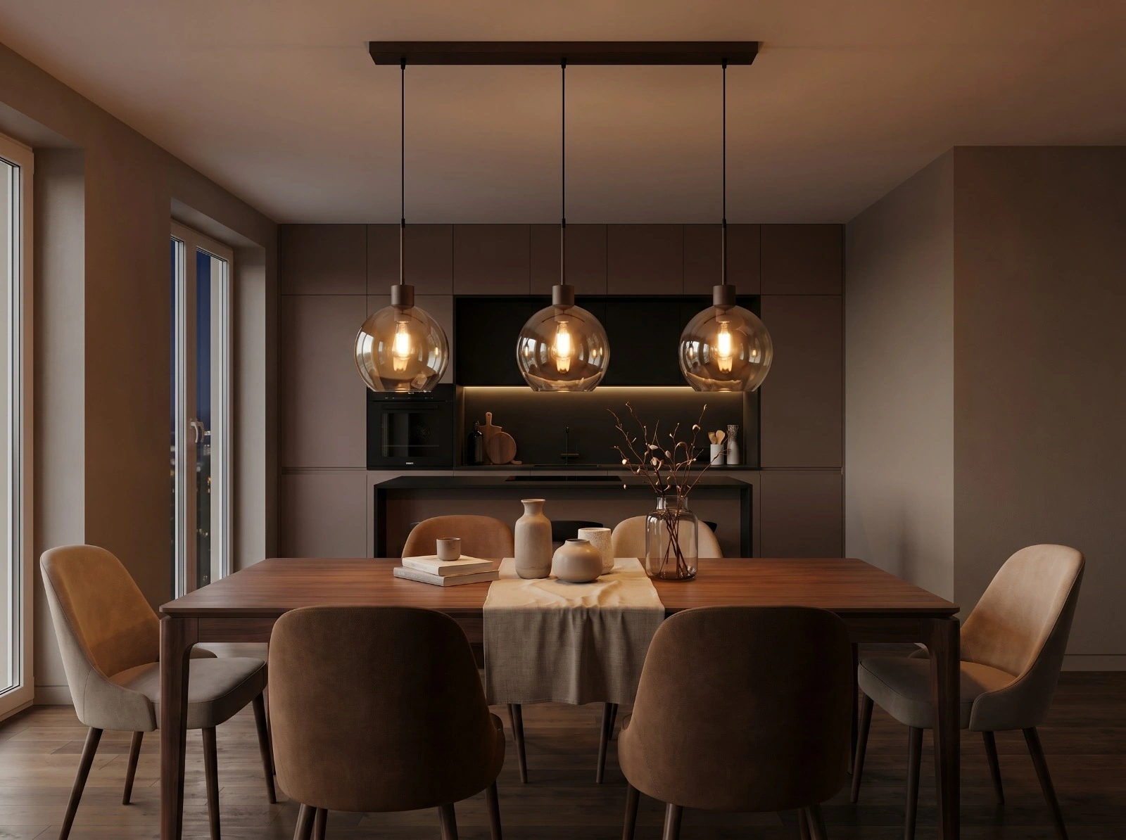 Glazen hanglamp amber bollen cacao 3 lichts 100 cm 61213