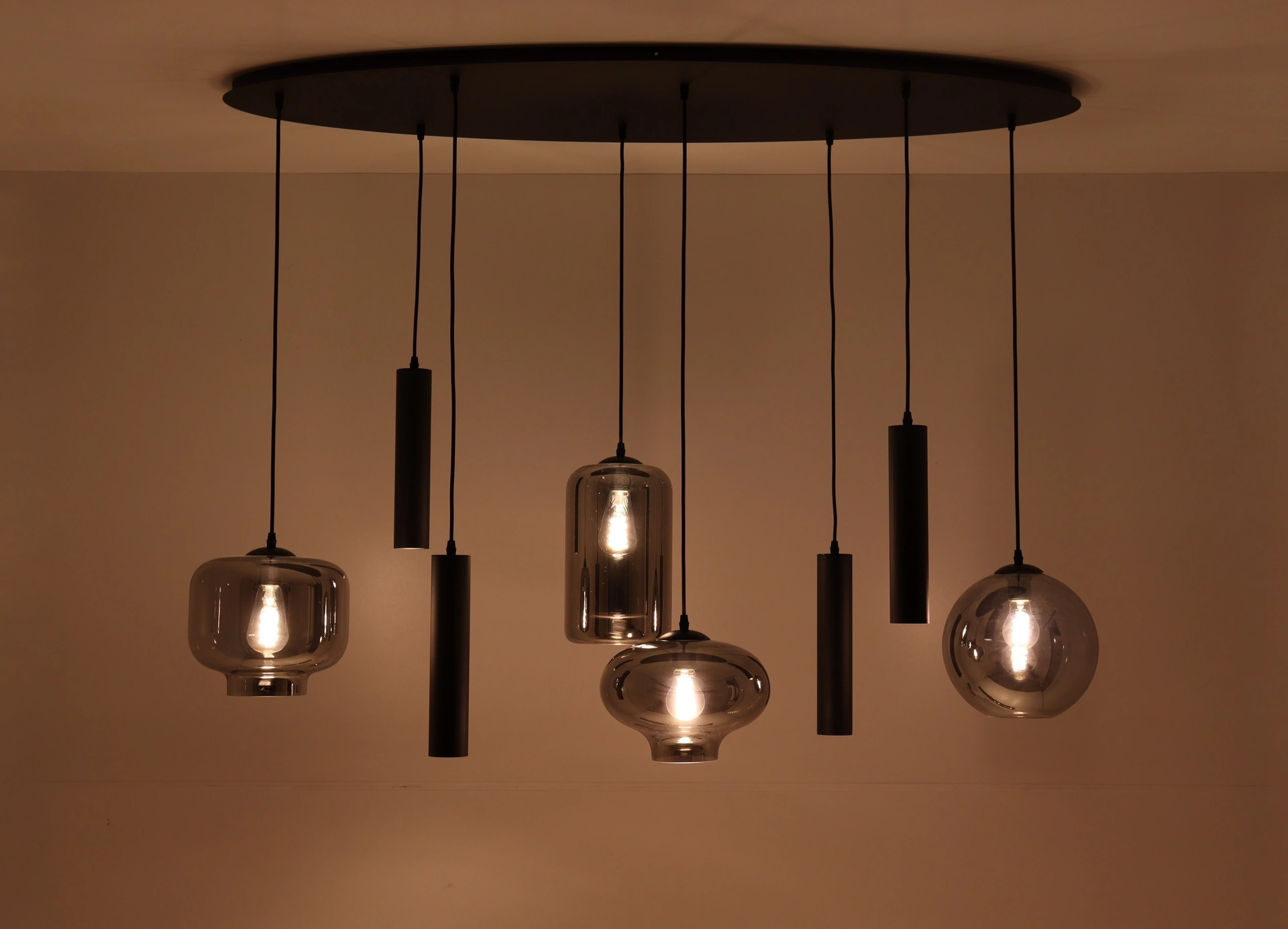 Hanglamp ovaal combi Smoke & Kokers gu10  - getint glas - 8lichts 140cm    50246