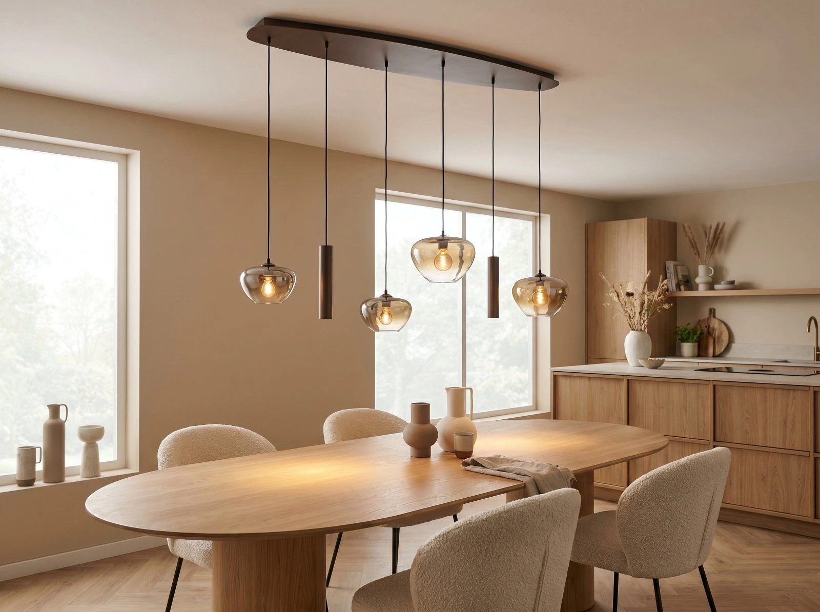 Hanglamp deens ovaal - cacao 6 lichts met genua bruin/helder glas 50279