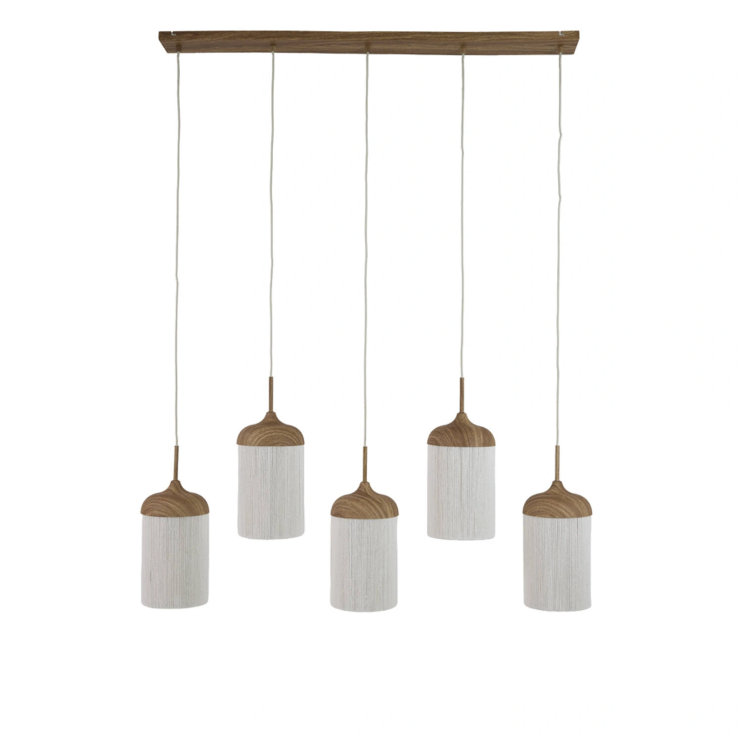 5-lichts Hanglamp Rovena - naturel houtlook met crème touw – 117 cm SW10549