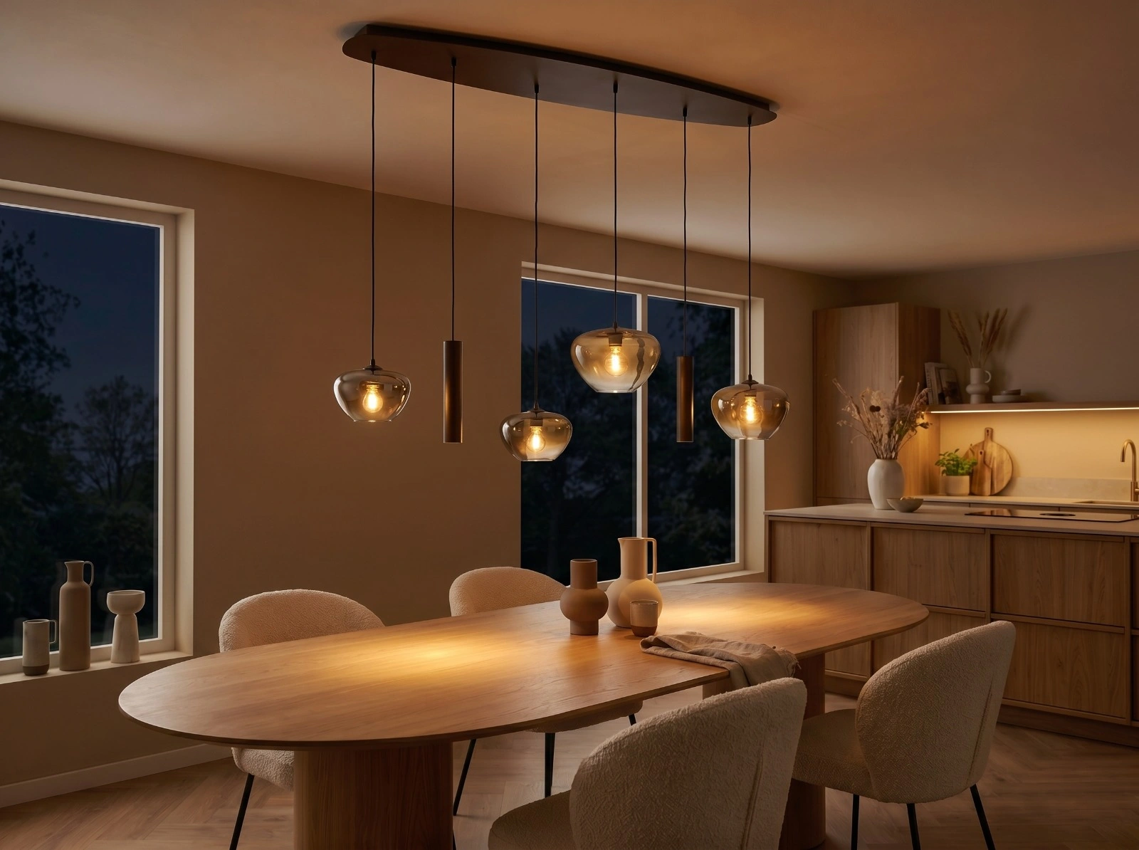 Hanglamp deens ovaal - cacao 6 lichts met genua bruin/helder glas 50279