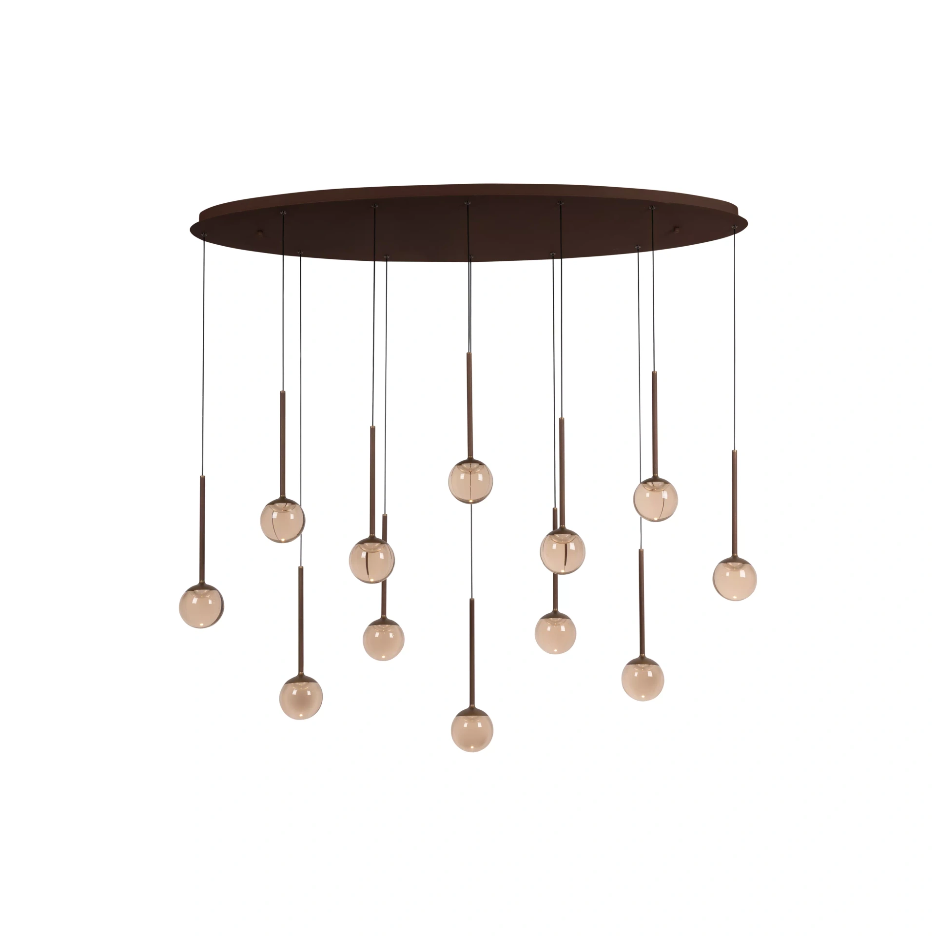 Dimbare LED ovale hanglamp koffiekleur met 12 amberkleurige glazen bollen – 143 cm 46360
