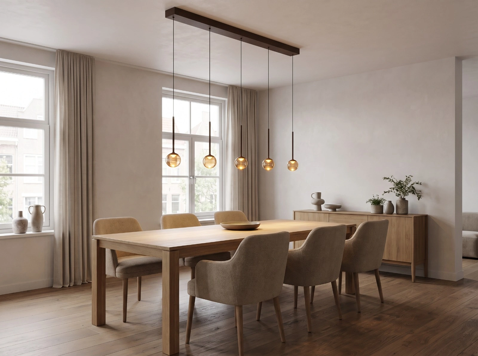 Dimbare LED hanglamp koffiekleur met 5 amberkleurige glazen bollen – 142 cm 46813