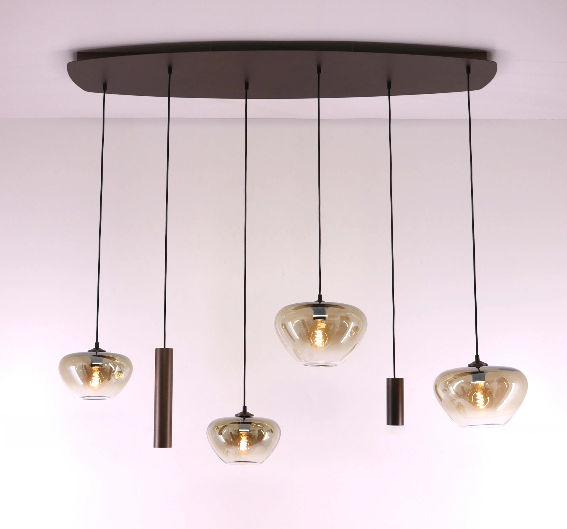 Hanglamp deens ovaal - cacao 6 lichts met genua bruin/helder glas 50279