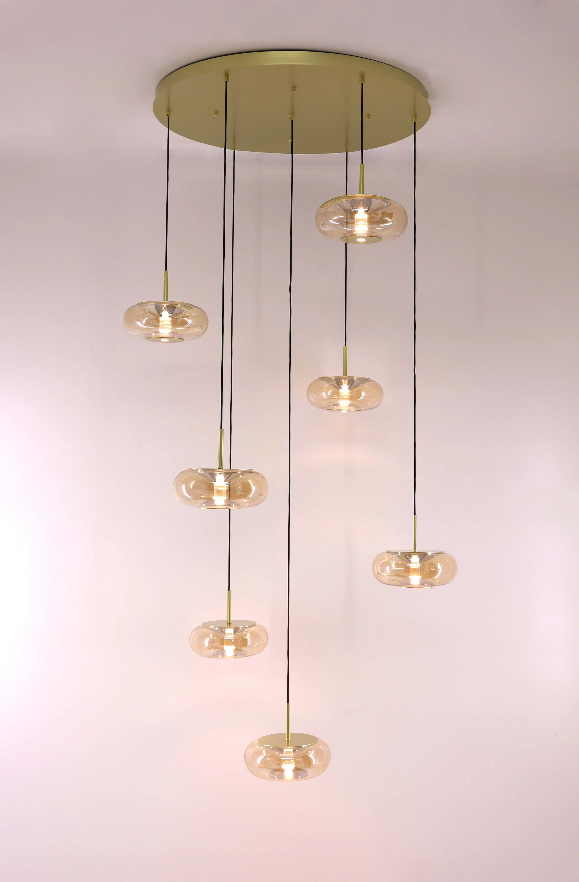 Videlamp goud rond 90 cm 7 amber glazen 350 cm 53007