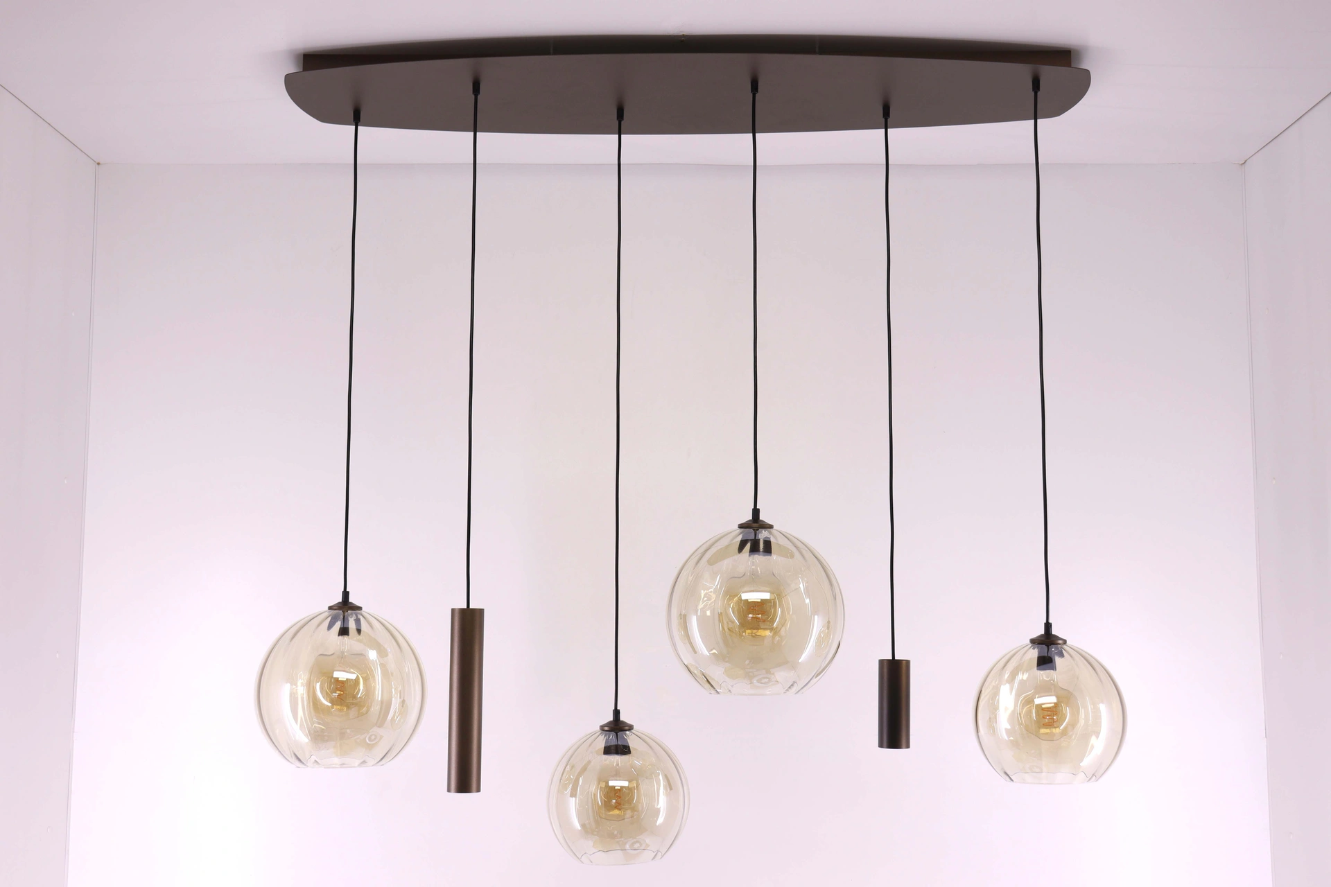 Hanglamp deens ovaal - cacao 6 lichts met geribbeld amber glas 50281