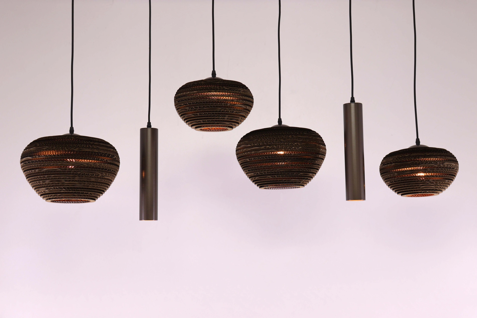 Hanglamp cacao rechthoekig – 6 lichts met kartonnen kappen – 135 cm 50291