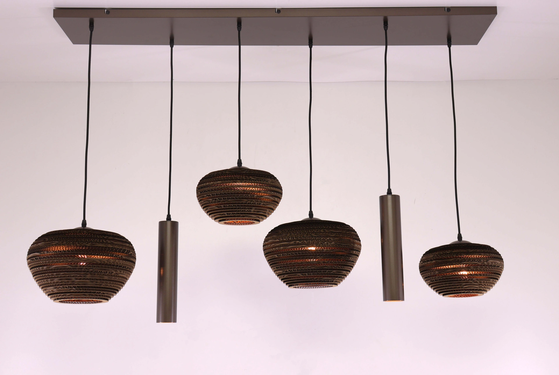 Hanglamp cacao rechthoekig – 6 lichts met kartonnen kappen – 135 cm 50291