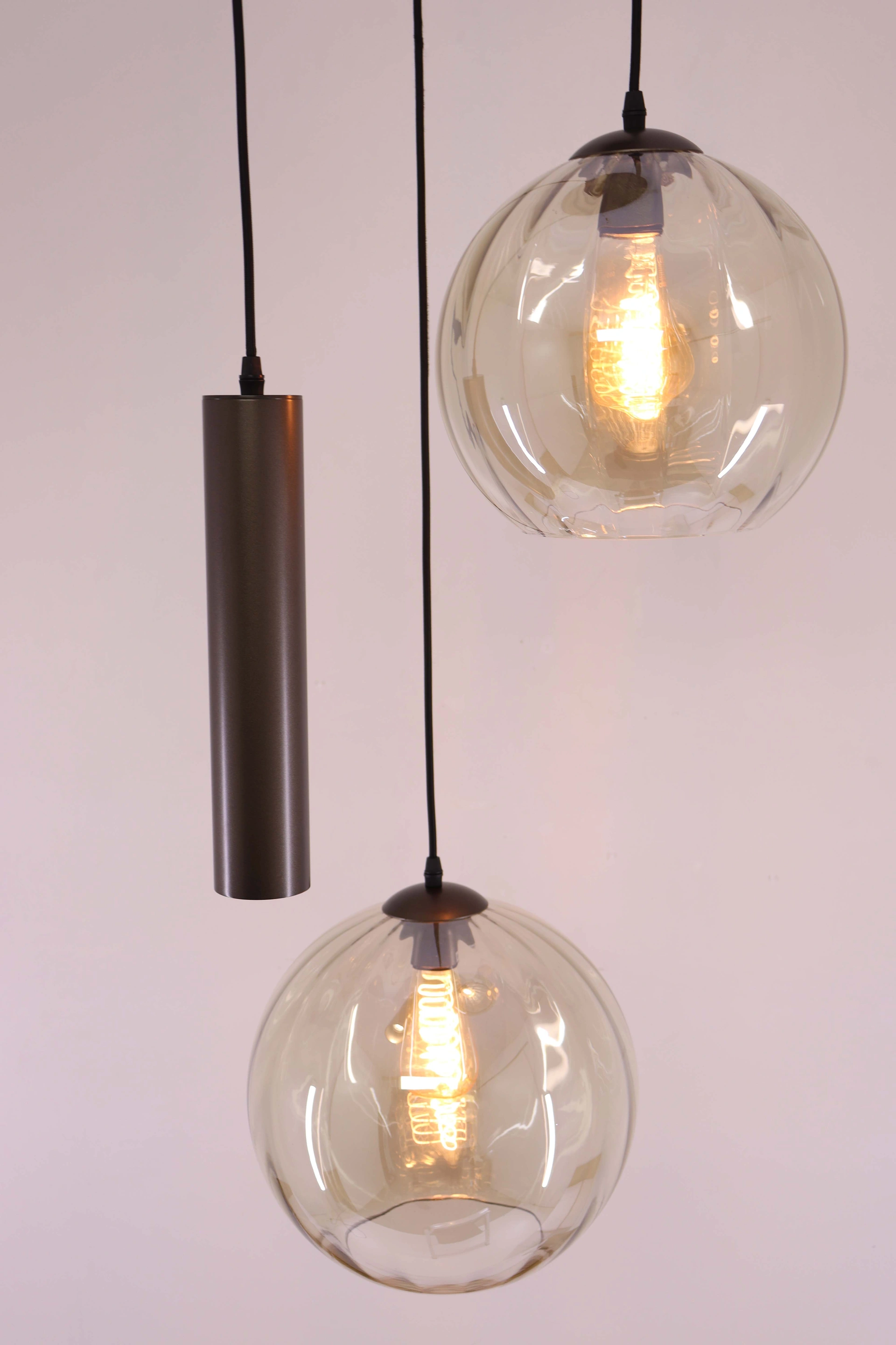 Hanglamp Cacao Bruin 3-lichts – Amber Geribbeld Glas met Hangkoker – Diameter 48 cm 50298
