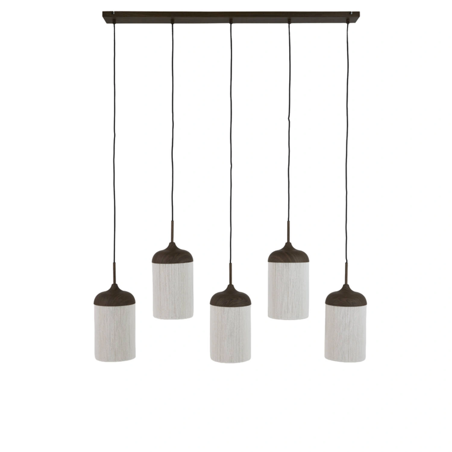 5-lichts Hanglamp Rovena - donkerbruine houtlook met crème touw – 117 cm SW10550