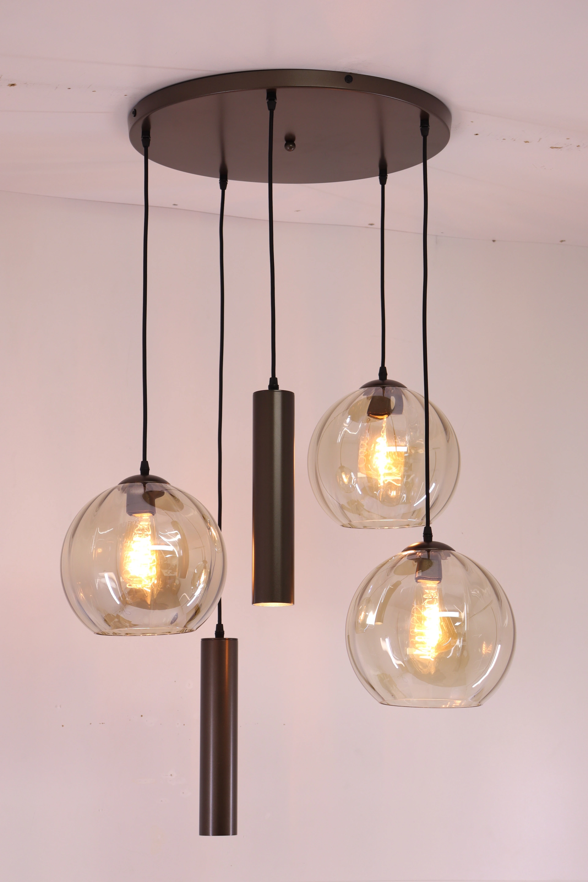 Hanglamp Cacao Bruin 5-lichts – Amber Geribbeld Glas met Hangkoker – Diameter 70 cm 50300
