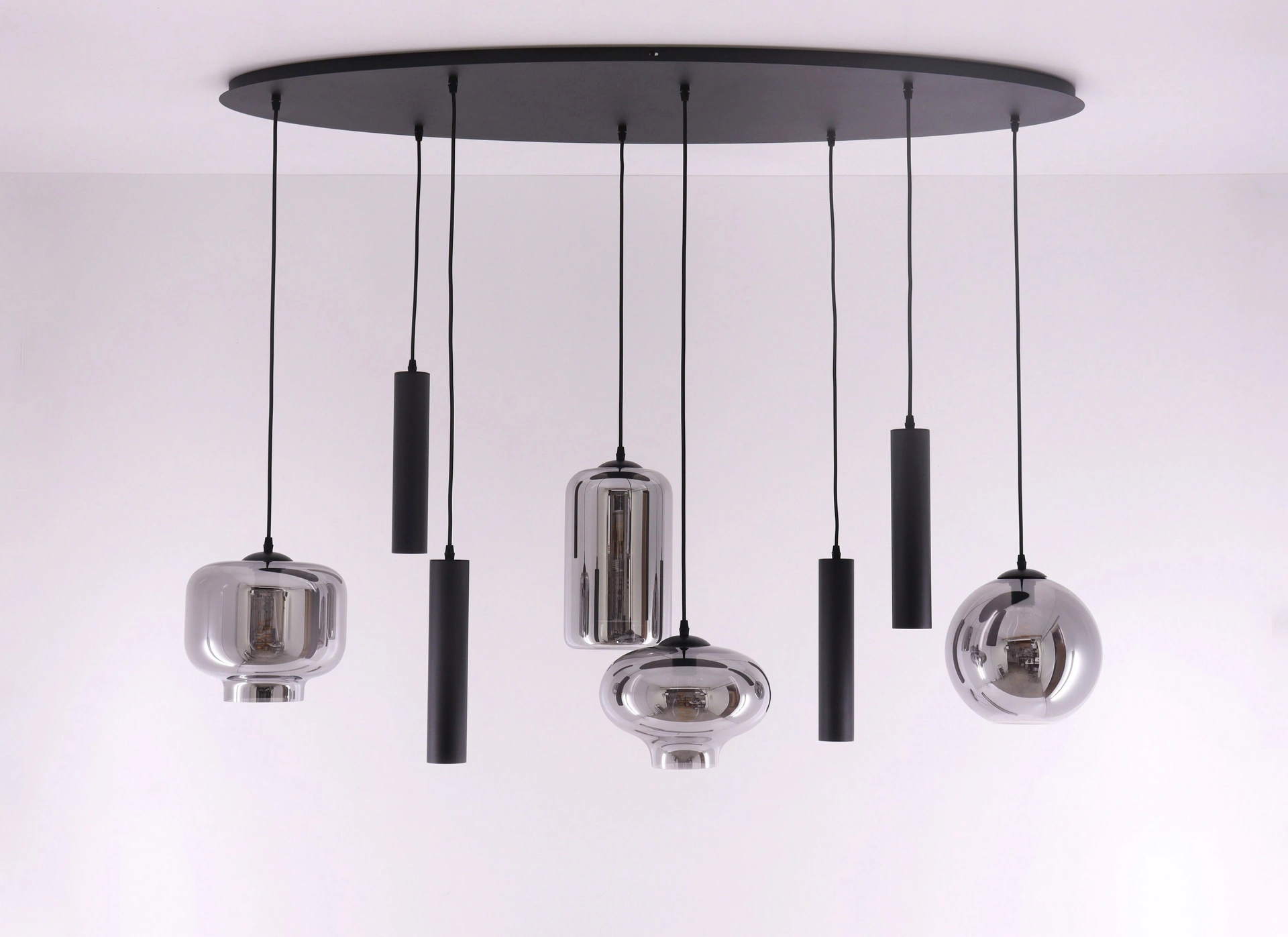 Hanglamp ovaal combi Smoke & Kokers gu10  - getint glas - 8lichts 140cm    50246