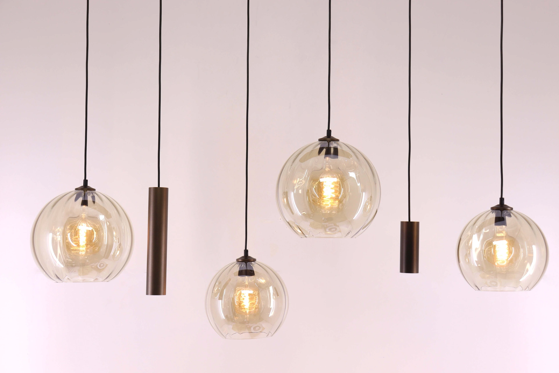 Hanglamp deens ovaal - cacao 6 lichts met geribbeld amber glas 50281
