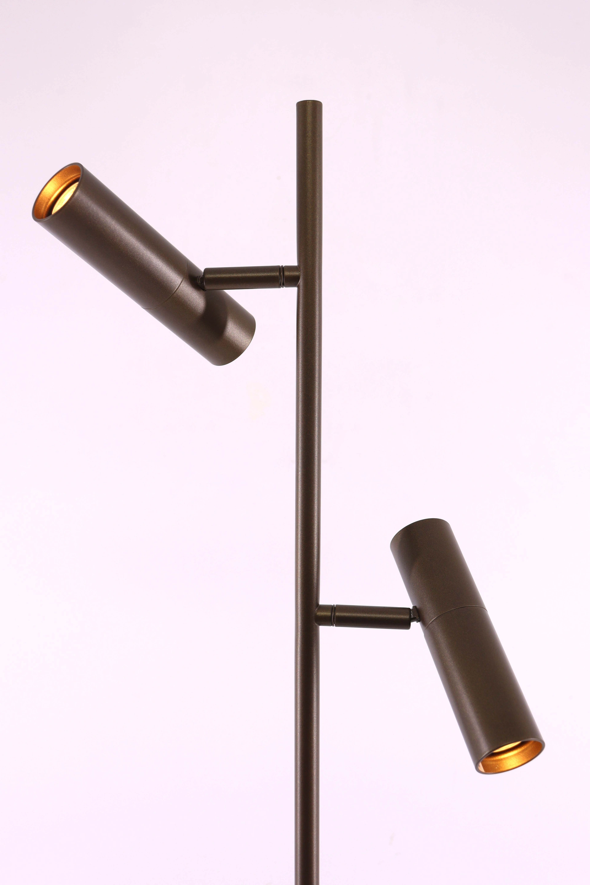 Minimalistische bronskleurige vloerlamp met twee verstelbare spots 46615
