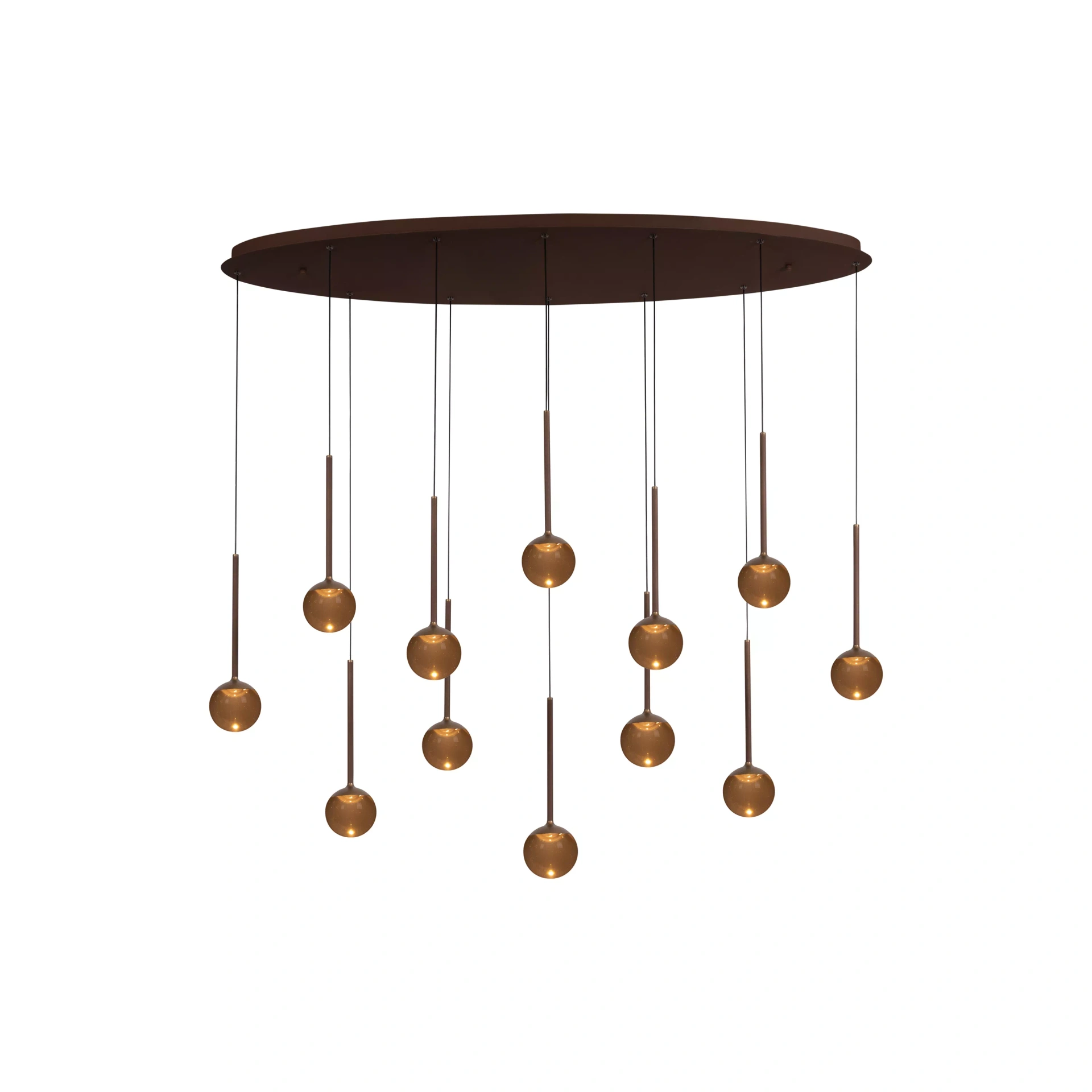 Dimbare LED ovale hanglamp koffiekleur met 12 amberkleurige glazen bollen – 143 cm 46360
