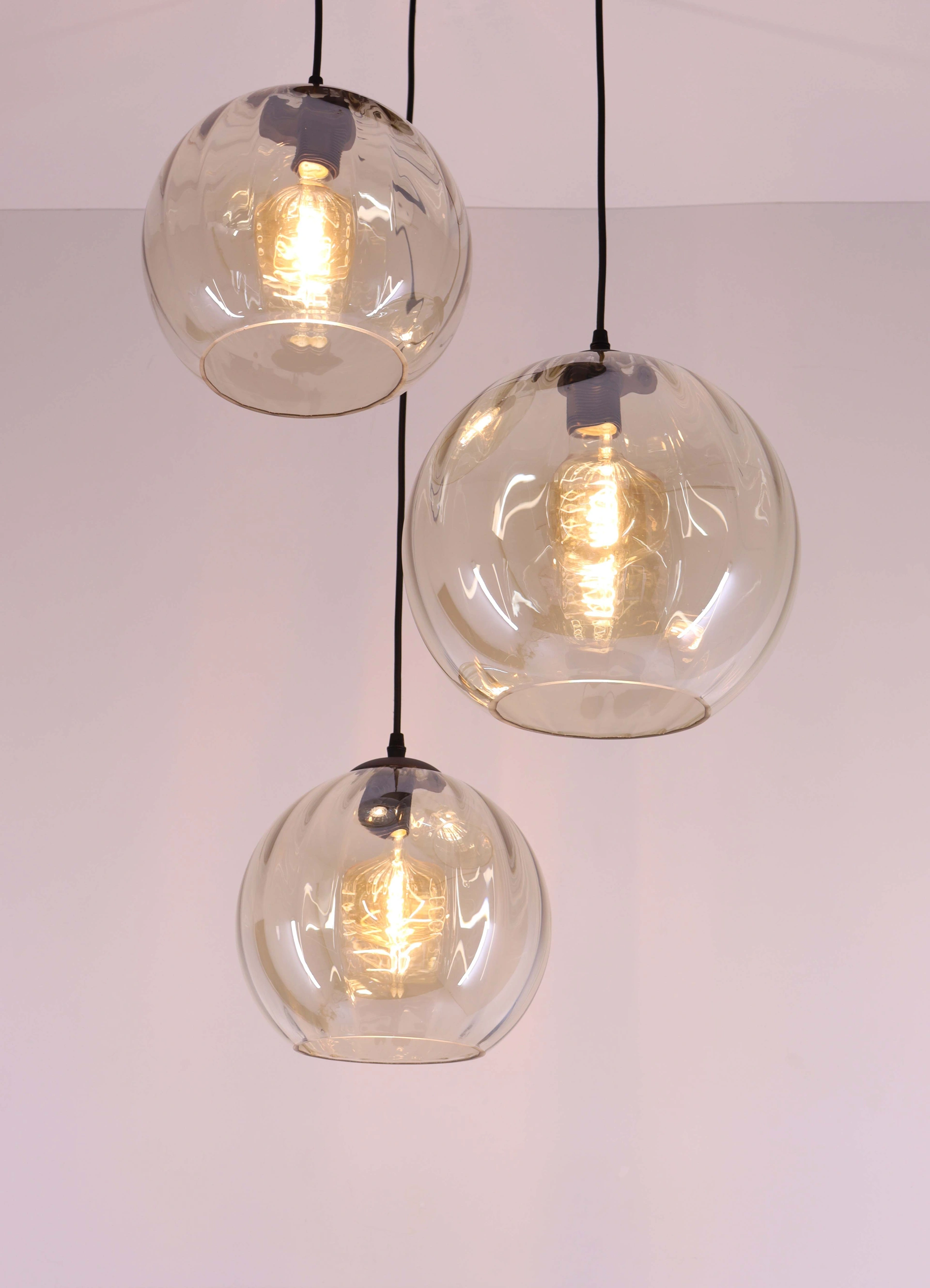 Hanglamp amber glas - 3lichts geribbeld - rond 50270