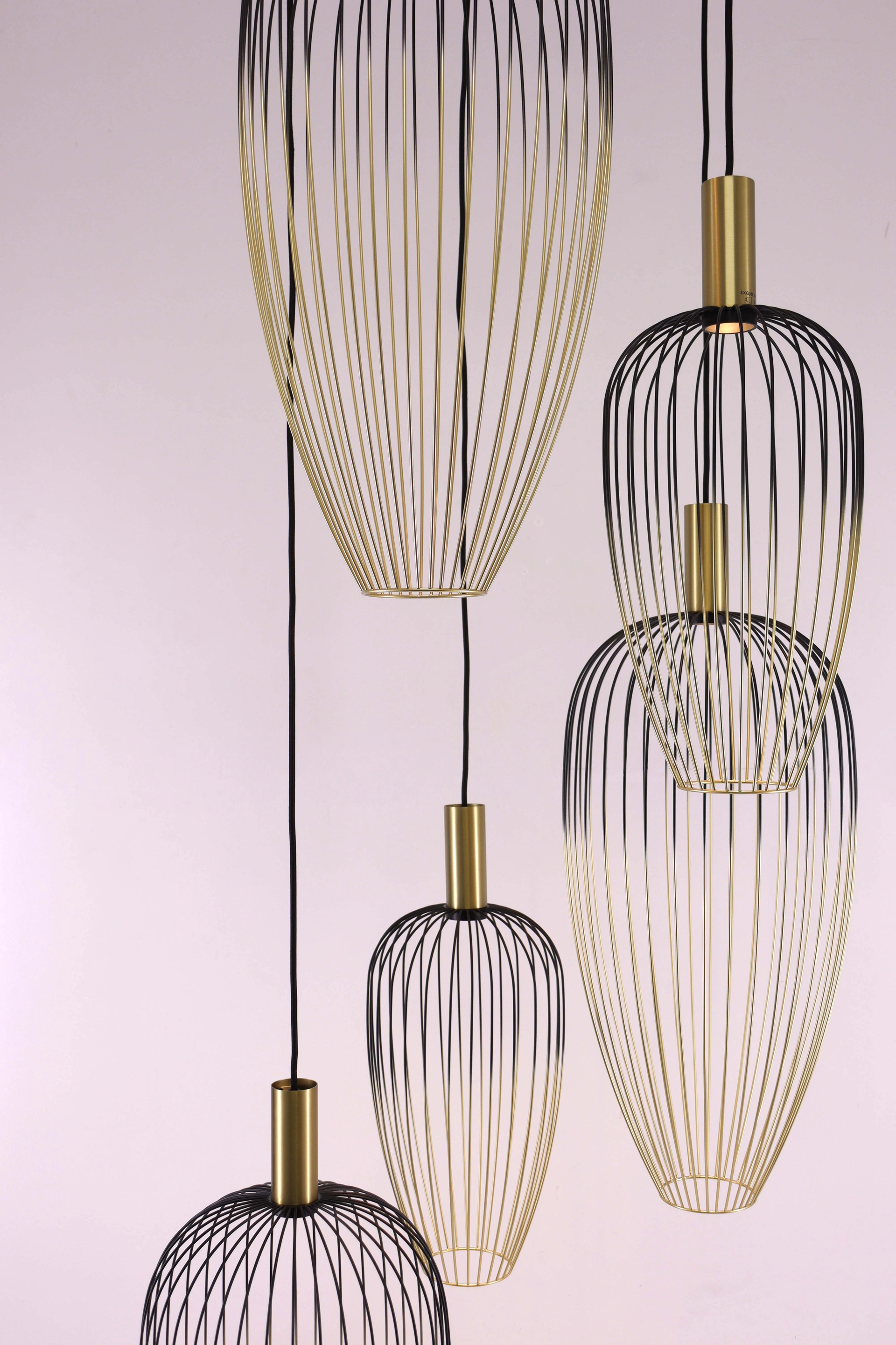 Videlamp goud/zwart - 5lichts wire - Hoogte 350cm 46479