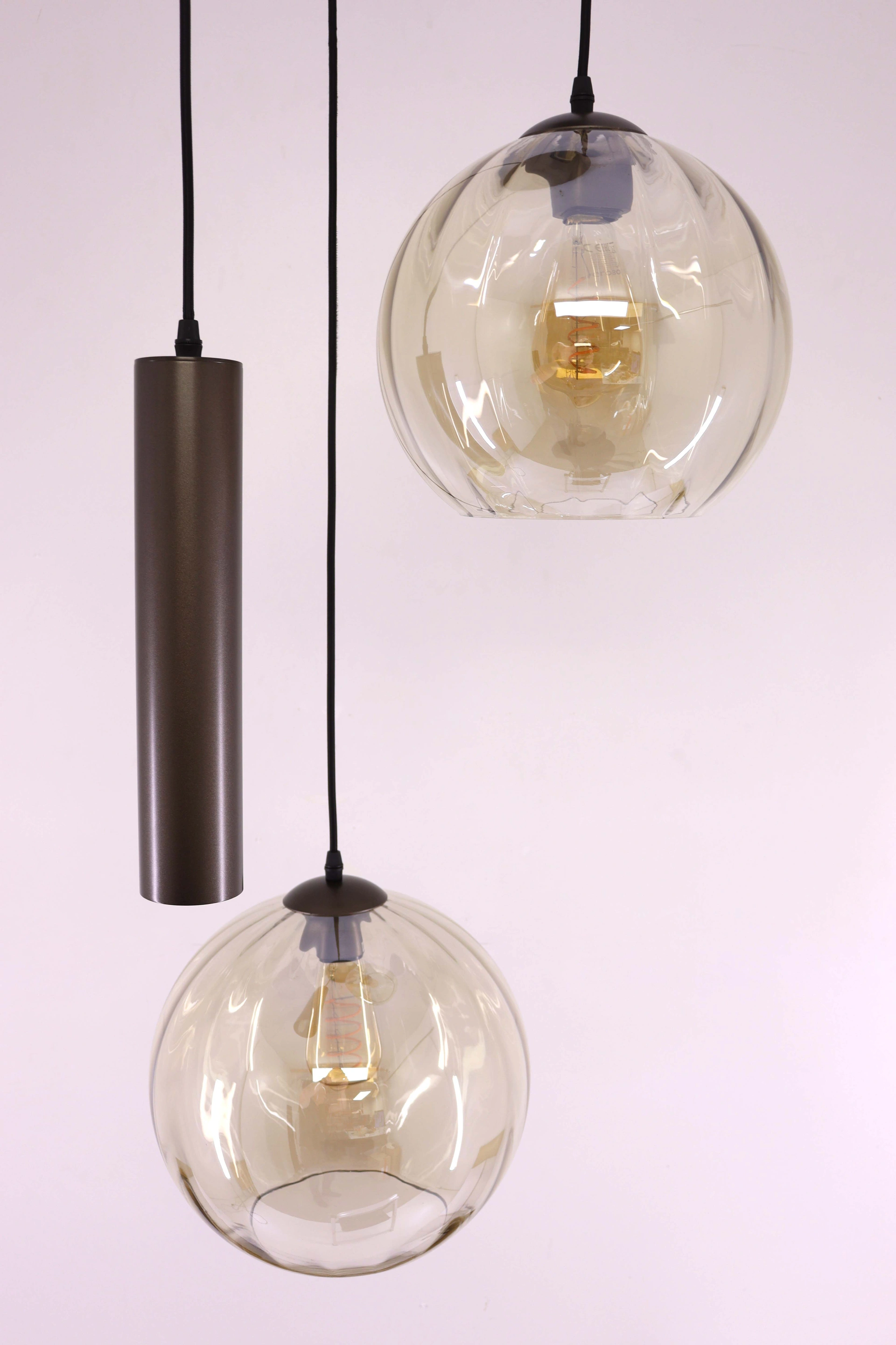 Hanglamp Cacao Bruin 3-lichts – Amber Geribbeld Glas met Hangkoker – Diameter 48 cm 50298